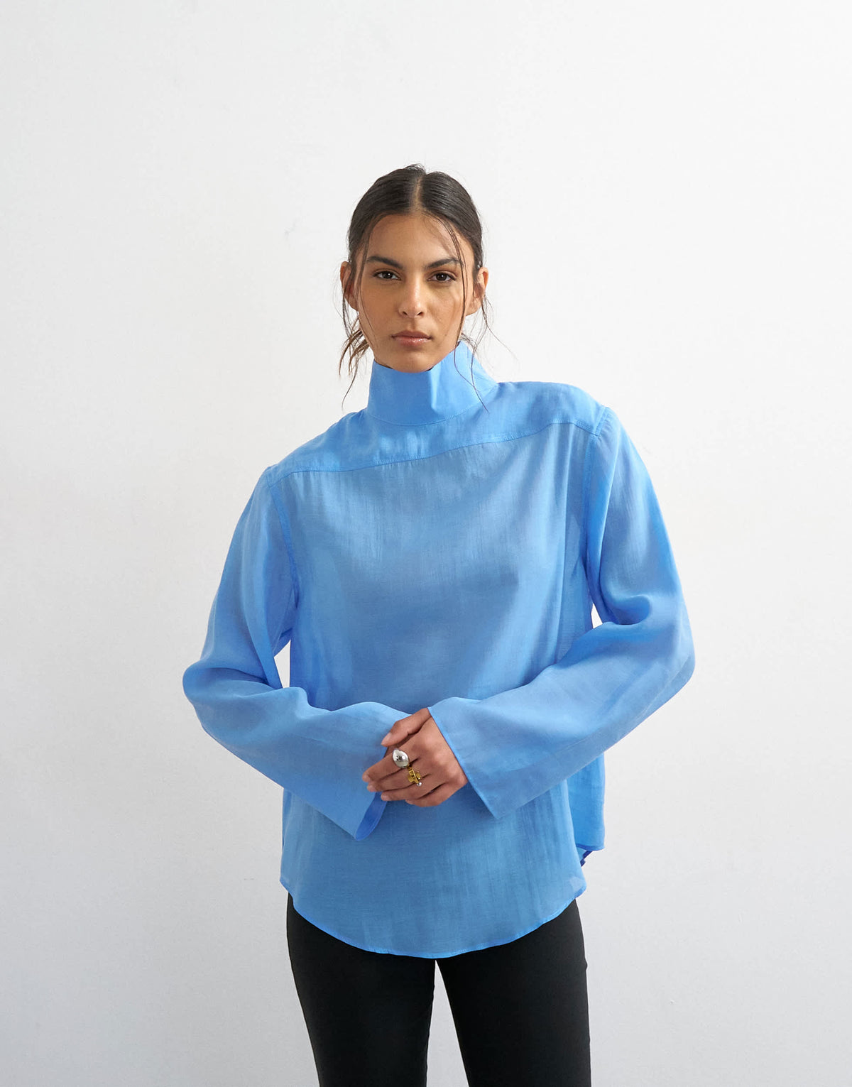 Topshop funnel neck backwards long sleeve shirt in cornflour blue