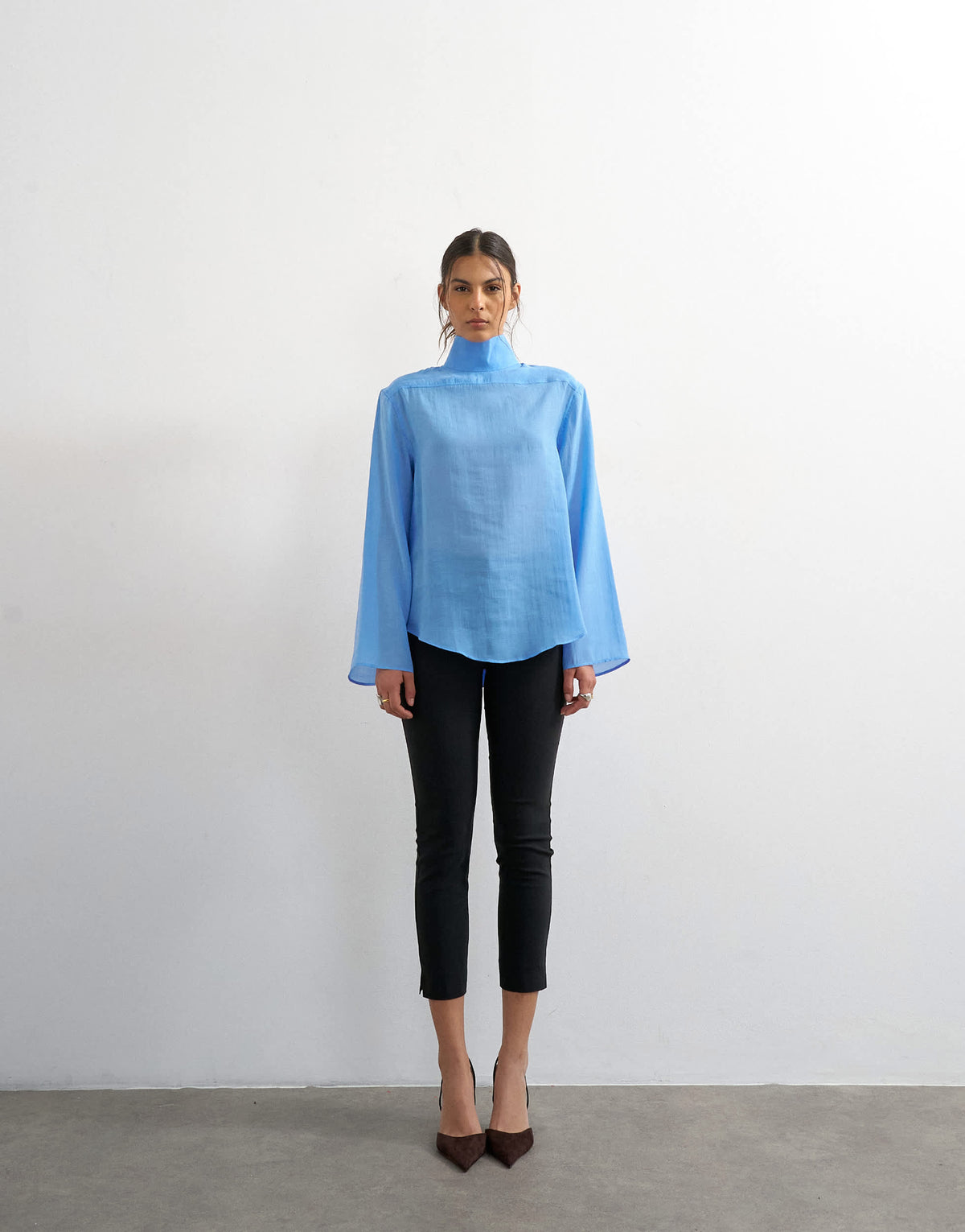 Topshop funnel neck backwards long sleeve shirt in cornflour blue