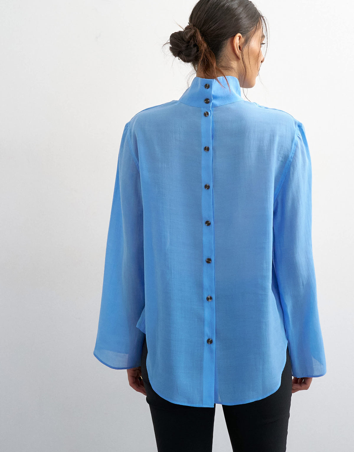 Topshop funnel neck backwards long sleeve shirt in cornflour blue