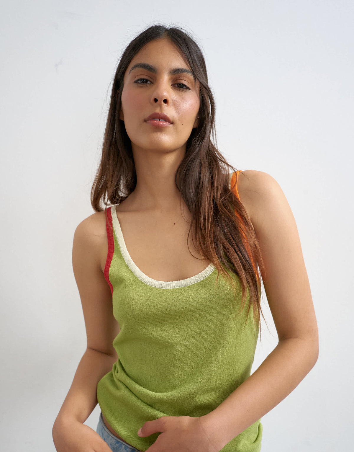 Topshop knitted contrast trim sheer vest top in green