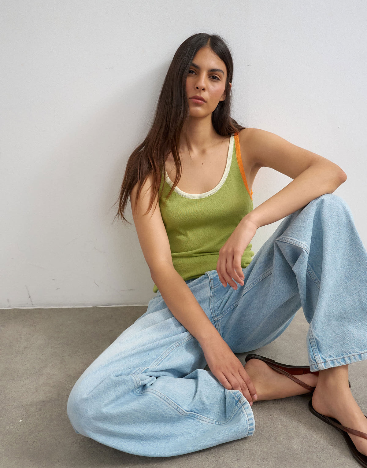 Topshop knitted contrast trim sheer vest top in green