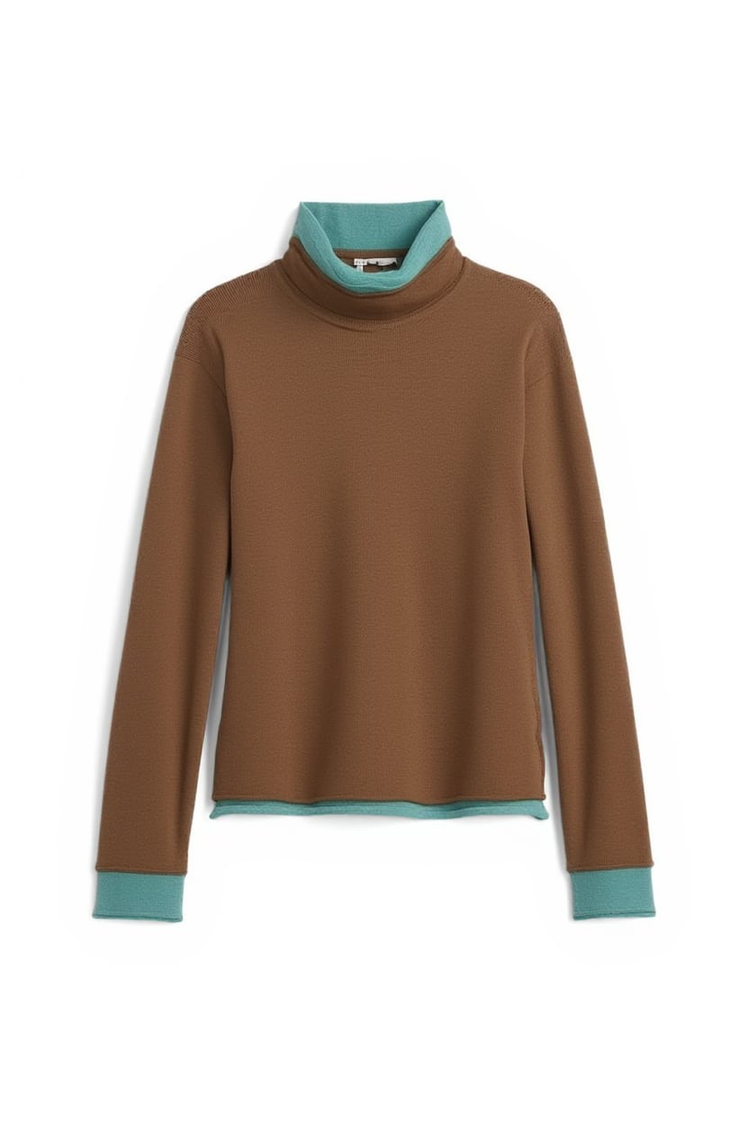 Topshop knitted wool blend double layer sheer turtleneck top in blue and brown multi
