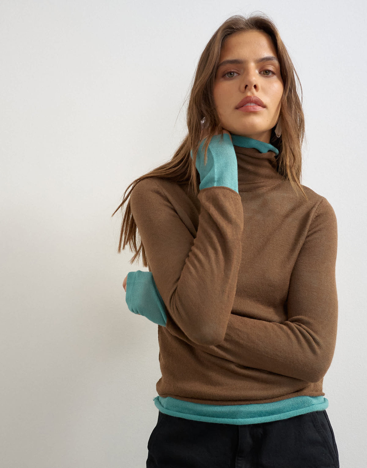 Topshop knitted wool blend double layer sheer turtleneck top in blue and brown multi