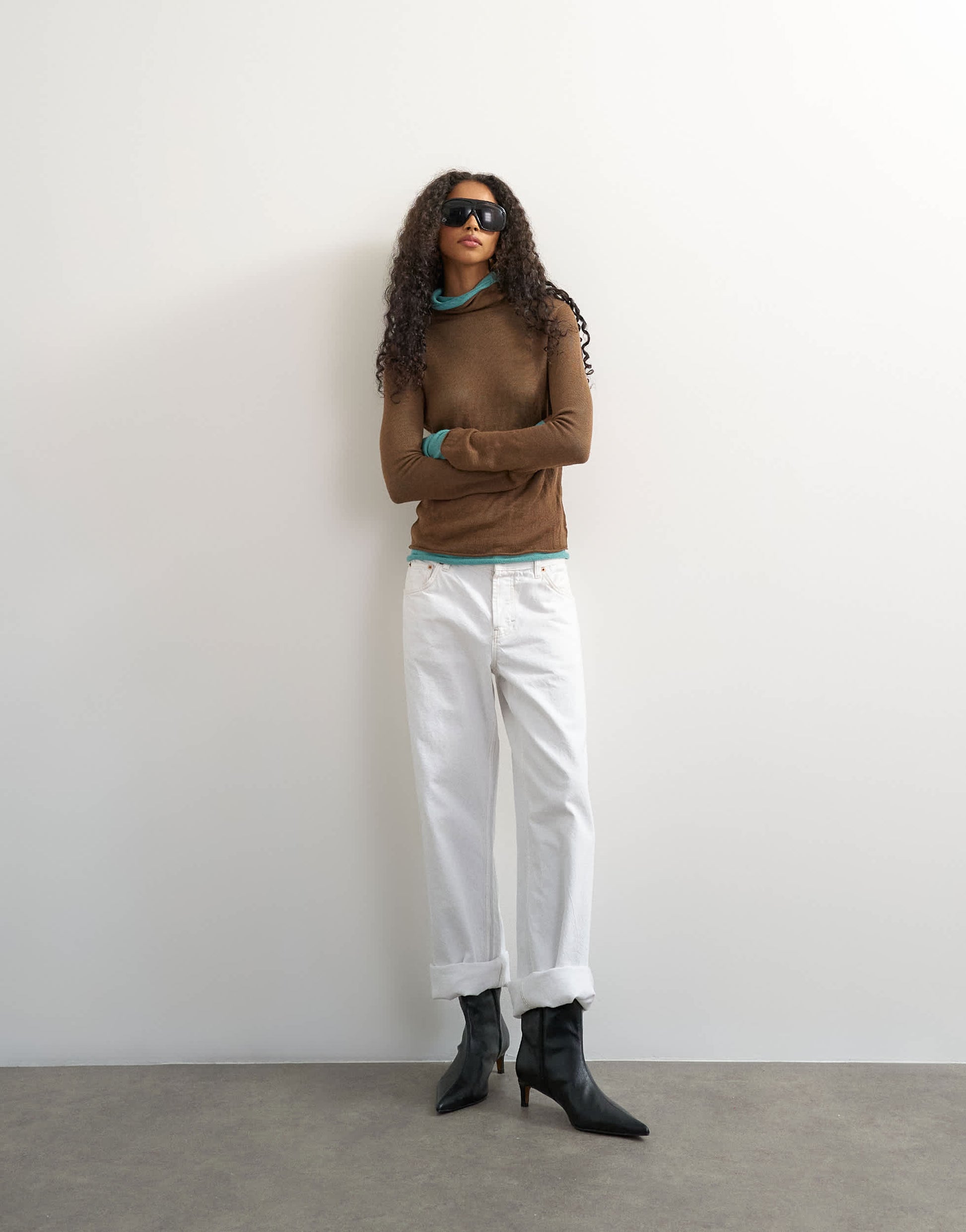 Topshop knitted wool blend double layer sheer turtleneck top in blue and brown multi