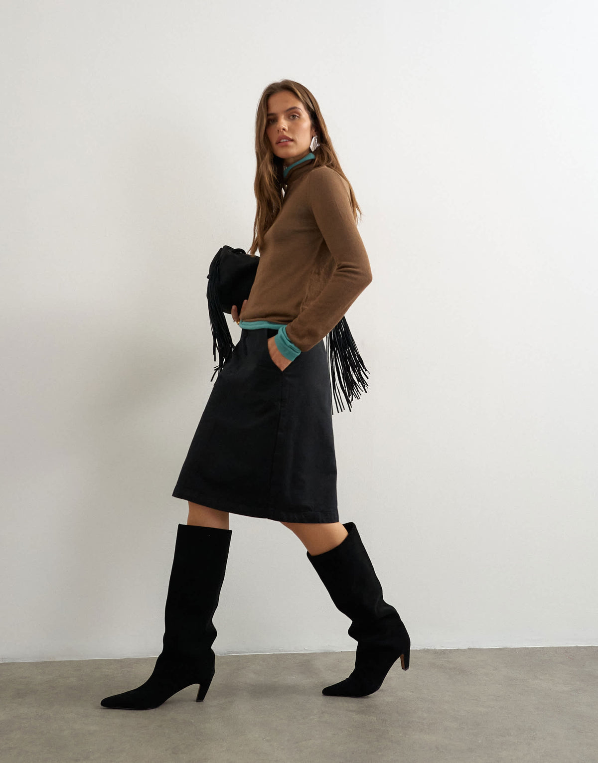 Topshop knitted wool blend double layer sheer turtleneck top in blue and brown multi