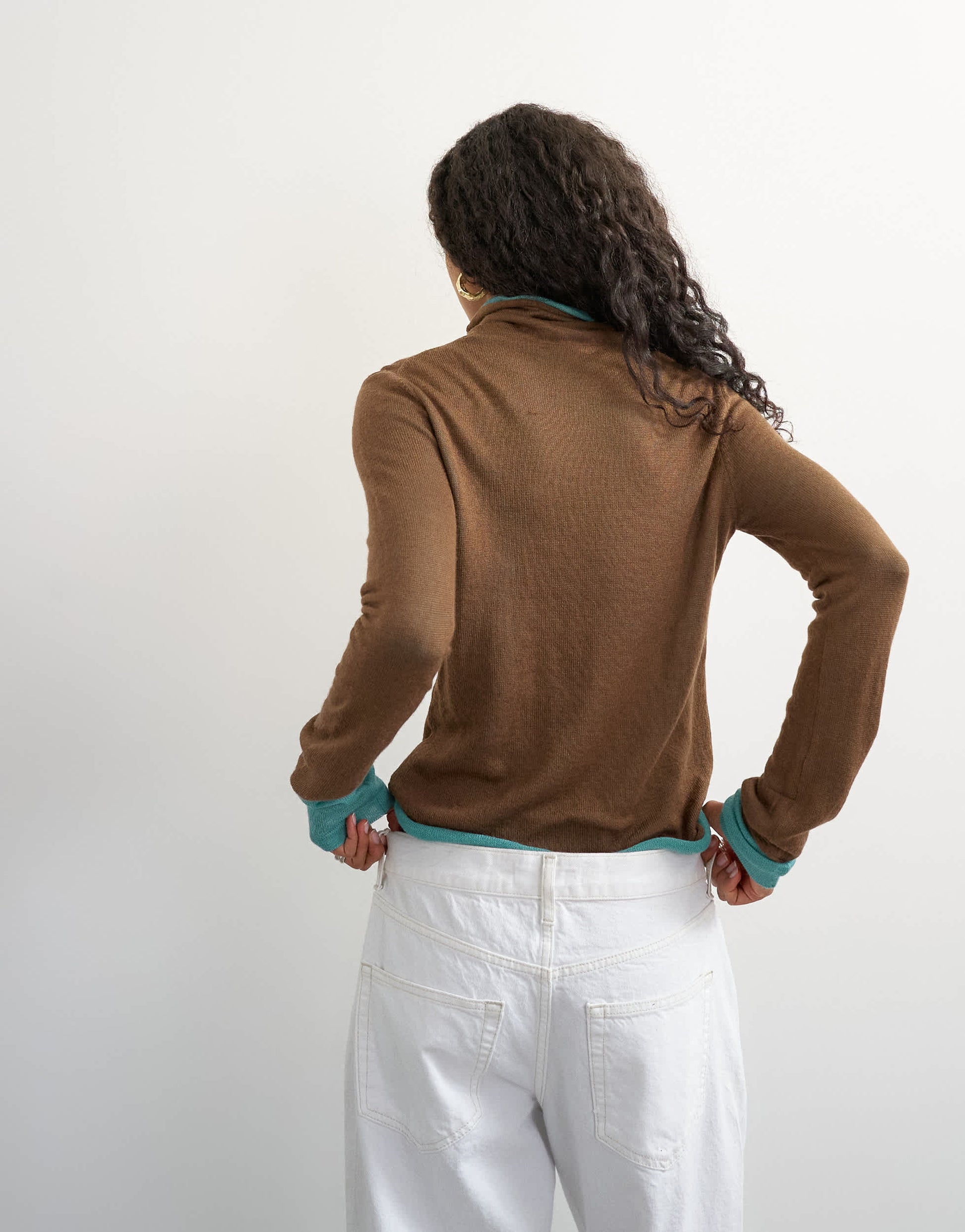 Topshop knitted wool blend double layer sheer turtleneck top in blue and brown multi