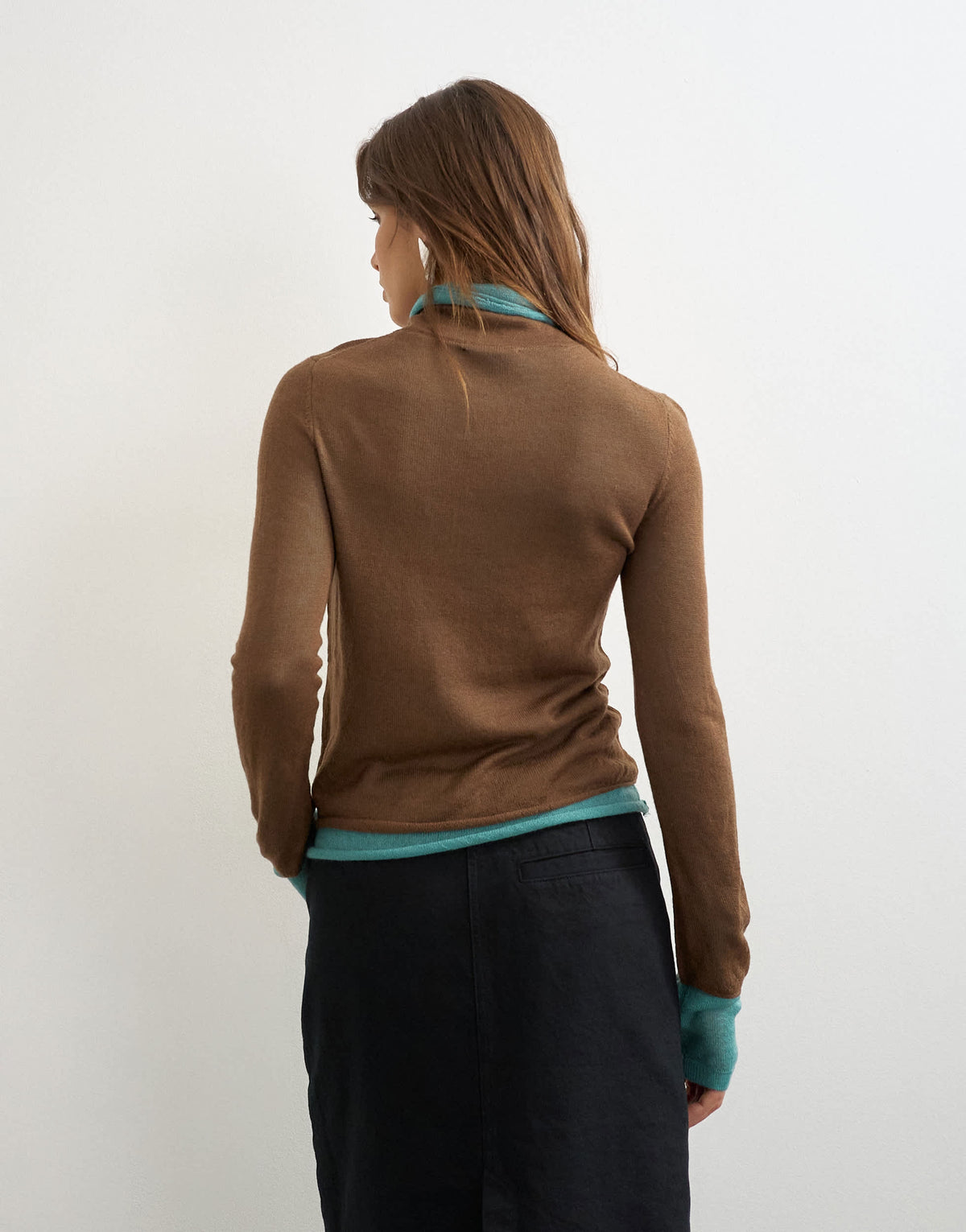Topshop knitted wool blend double layer sheer turtleneck top in blue and brown multi