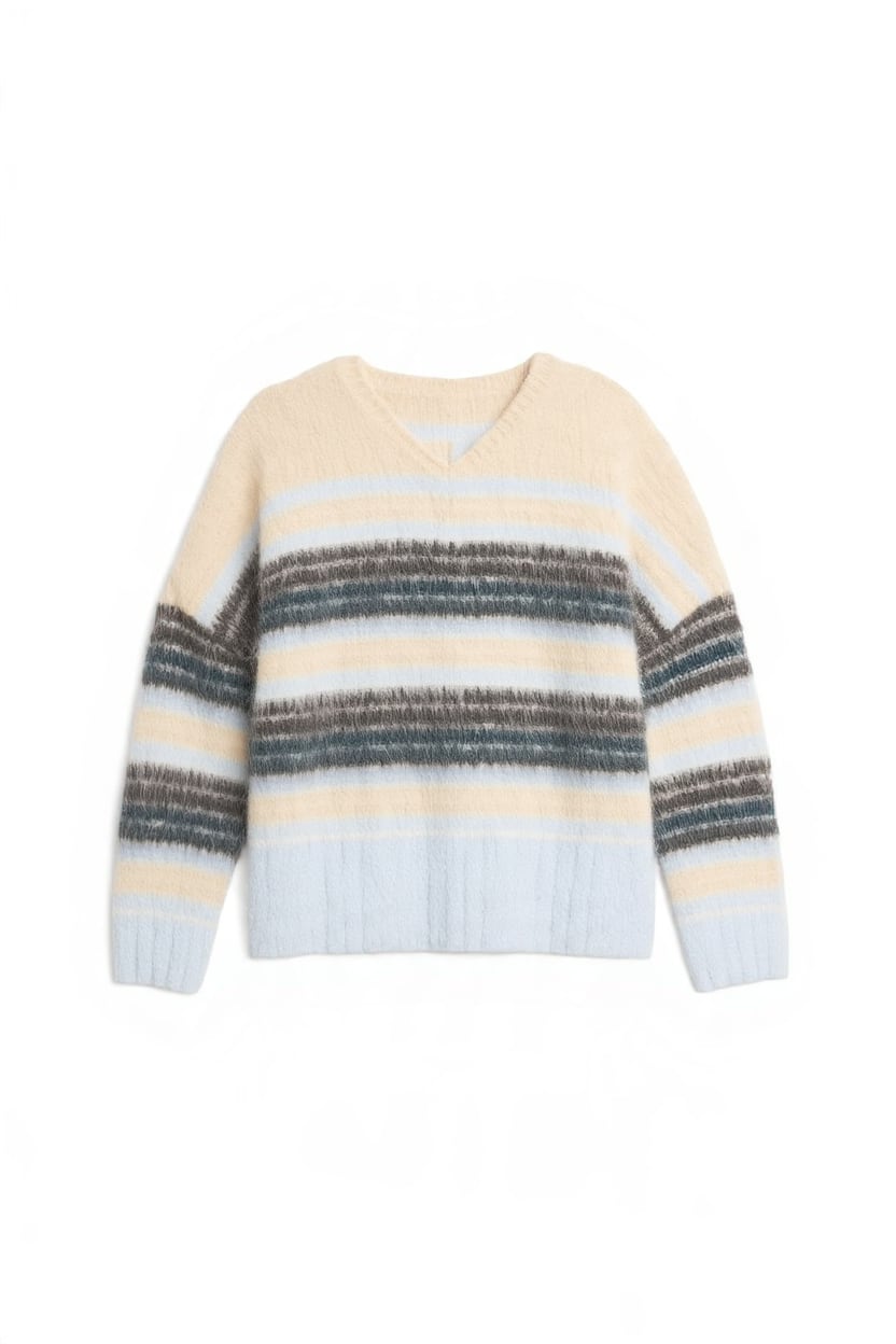 Topshop knitted hairy high v neck wool stripe jumper in neutral multi