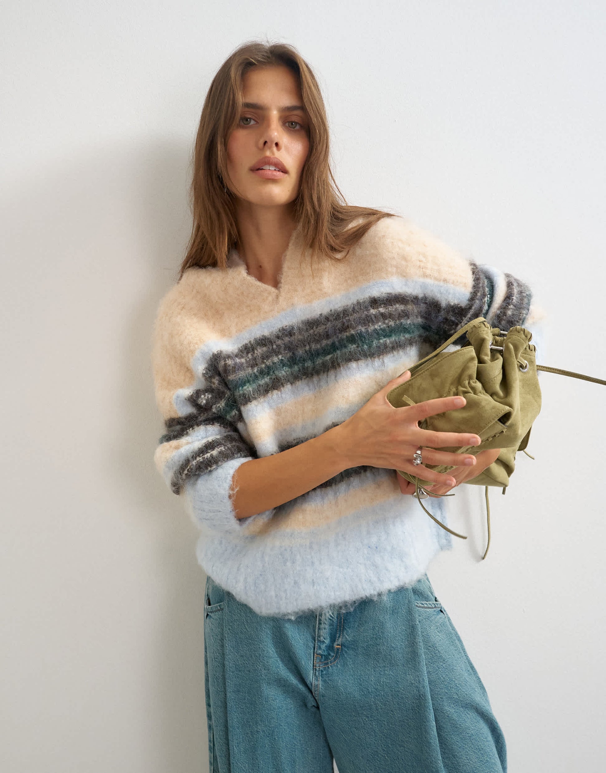 Topshop knitted hairy high v neck wool stripe jumper in neutral multi