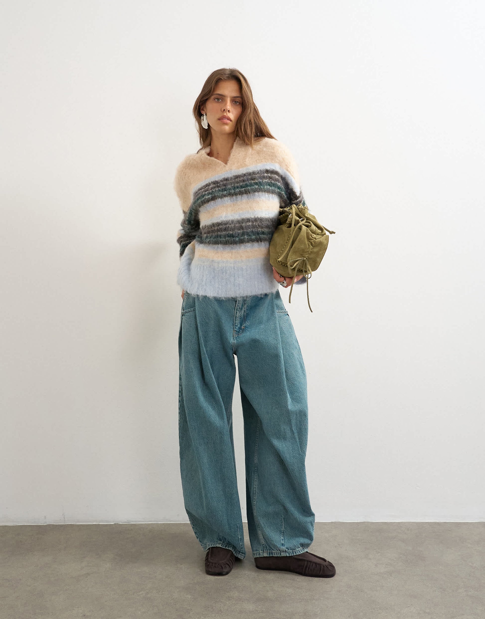 Topshop knitted hairy high v neck wool stripe jumper in neutral multi
