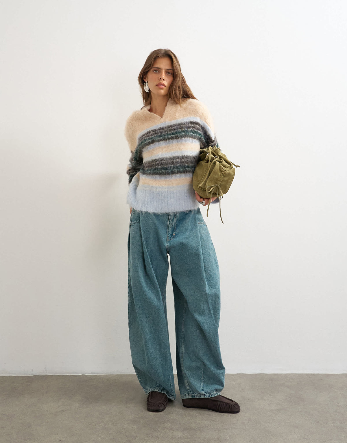 Topshop knitted hairy high v neck wool stripe jumper in neutral multi