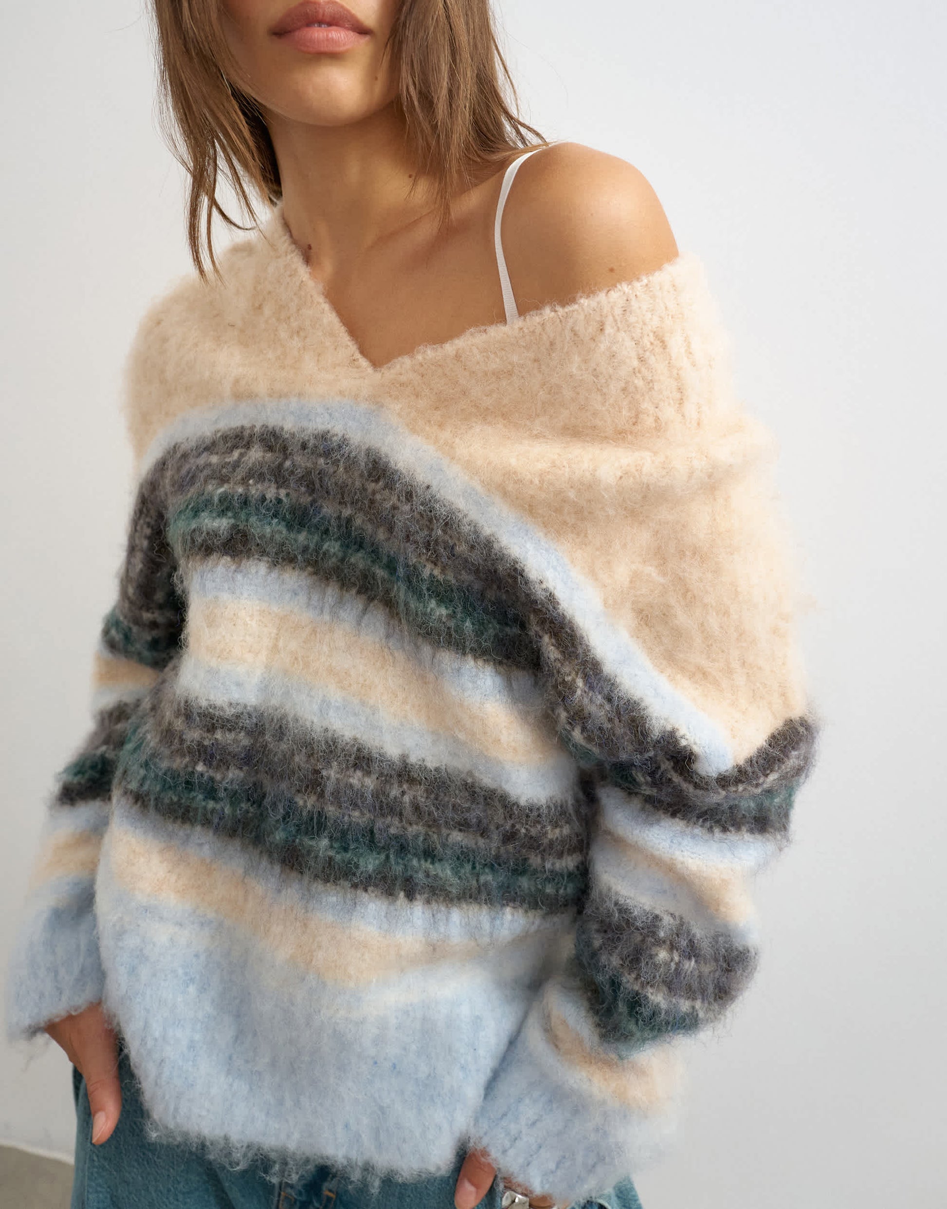 Topshop knitted hairy high v neck wool stripe jumper in neutral multi