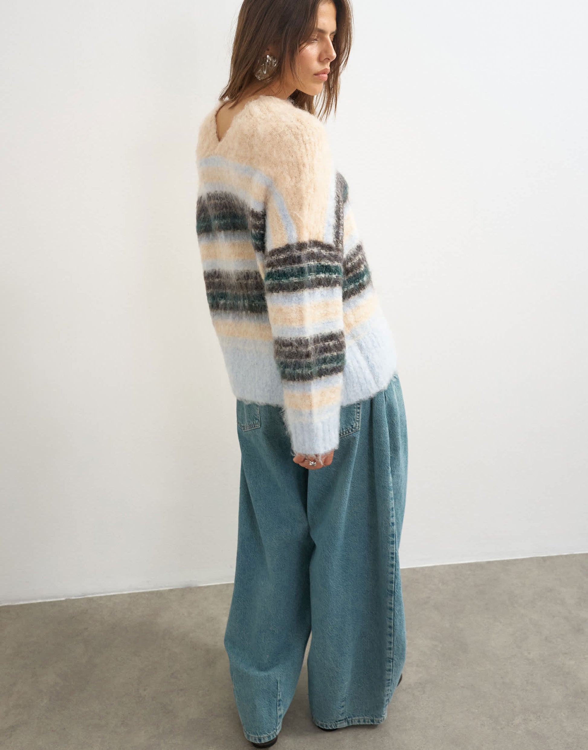 Topshop knitted hairy high v neck wool stripe jumper in neutral multi