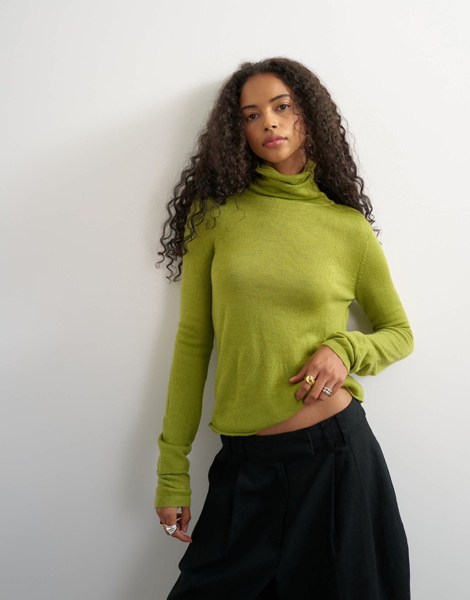Topshop knitted wool blend double layer sheer turtleneck top in green