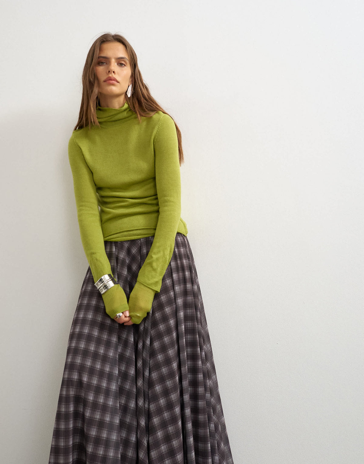 Topshop knitted wool blend double layer sheer turtleneck top in green