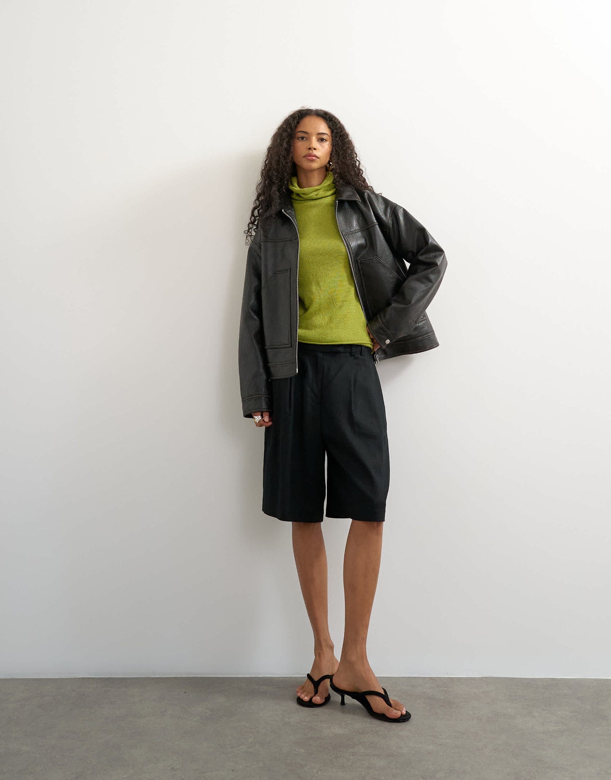 Topshop knitted wool blend double layer sheer turtleneck top in green