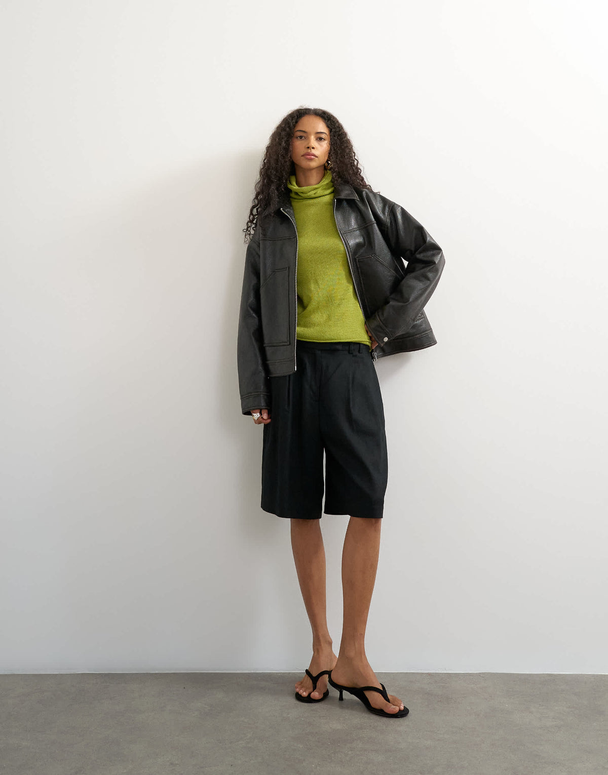 Topshop knitted wool blend double layer sheer turtleneck top in green