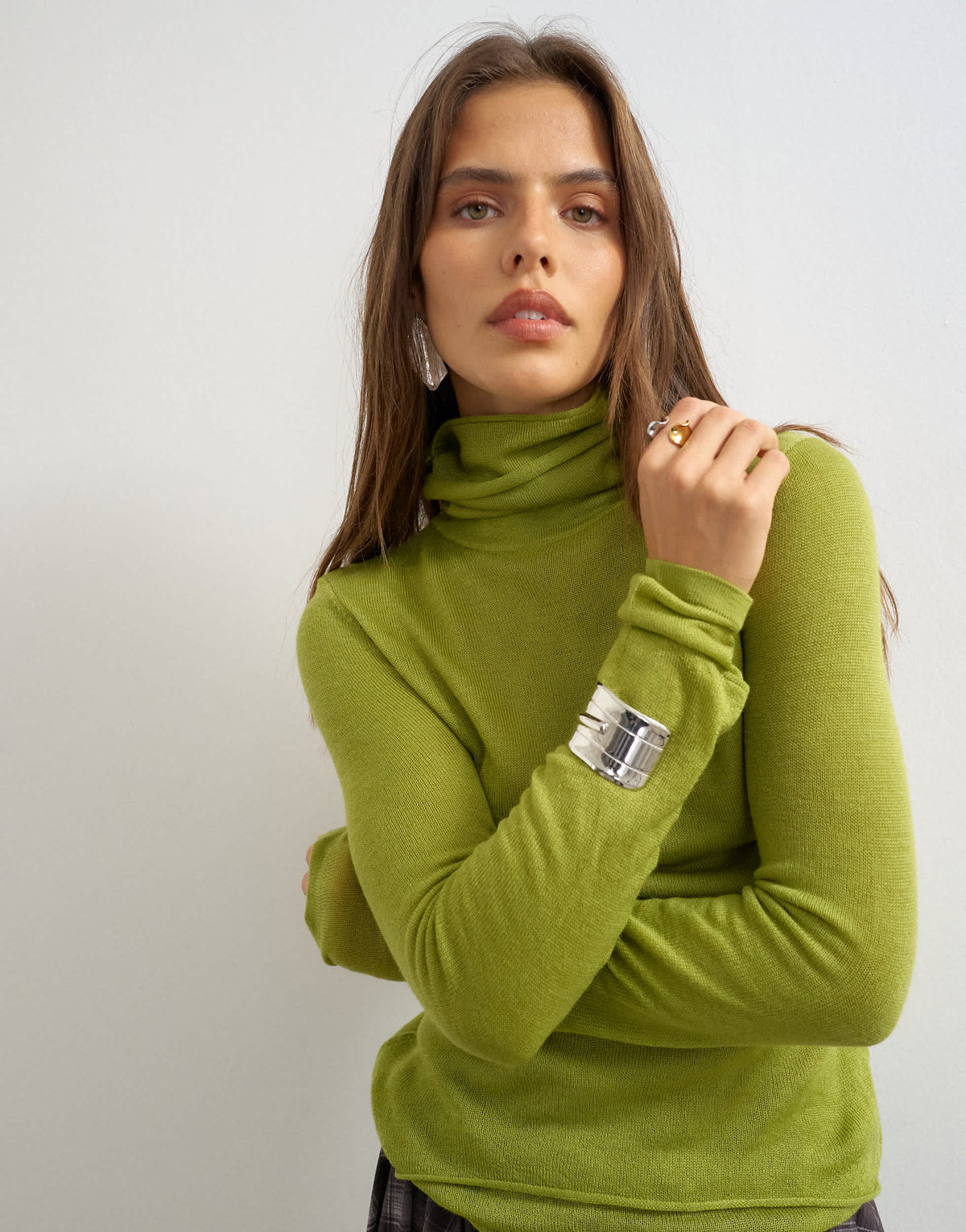 Topshop knitted wool blend double layer sheer turtleneck top in green