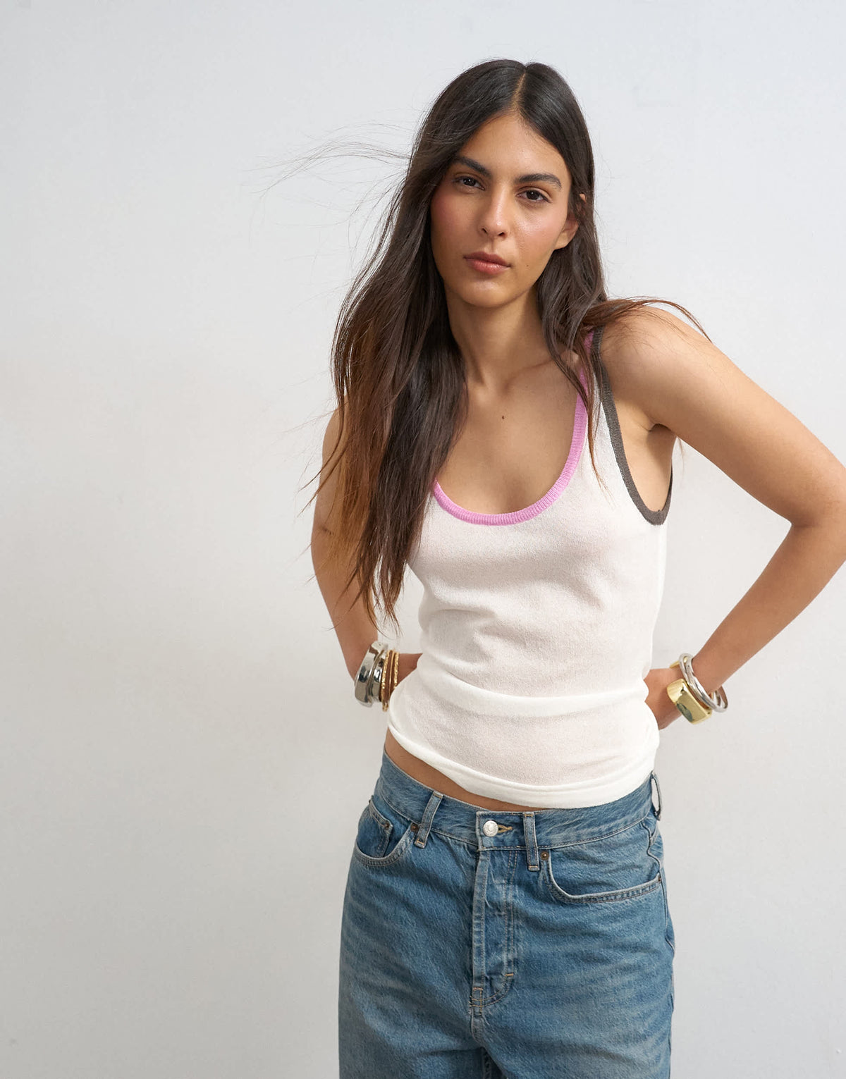 Topshop knitted contrast trim sheer vest top in white