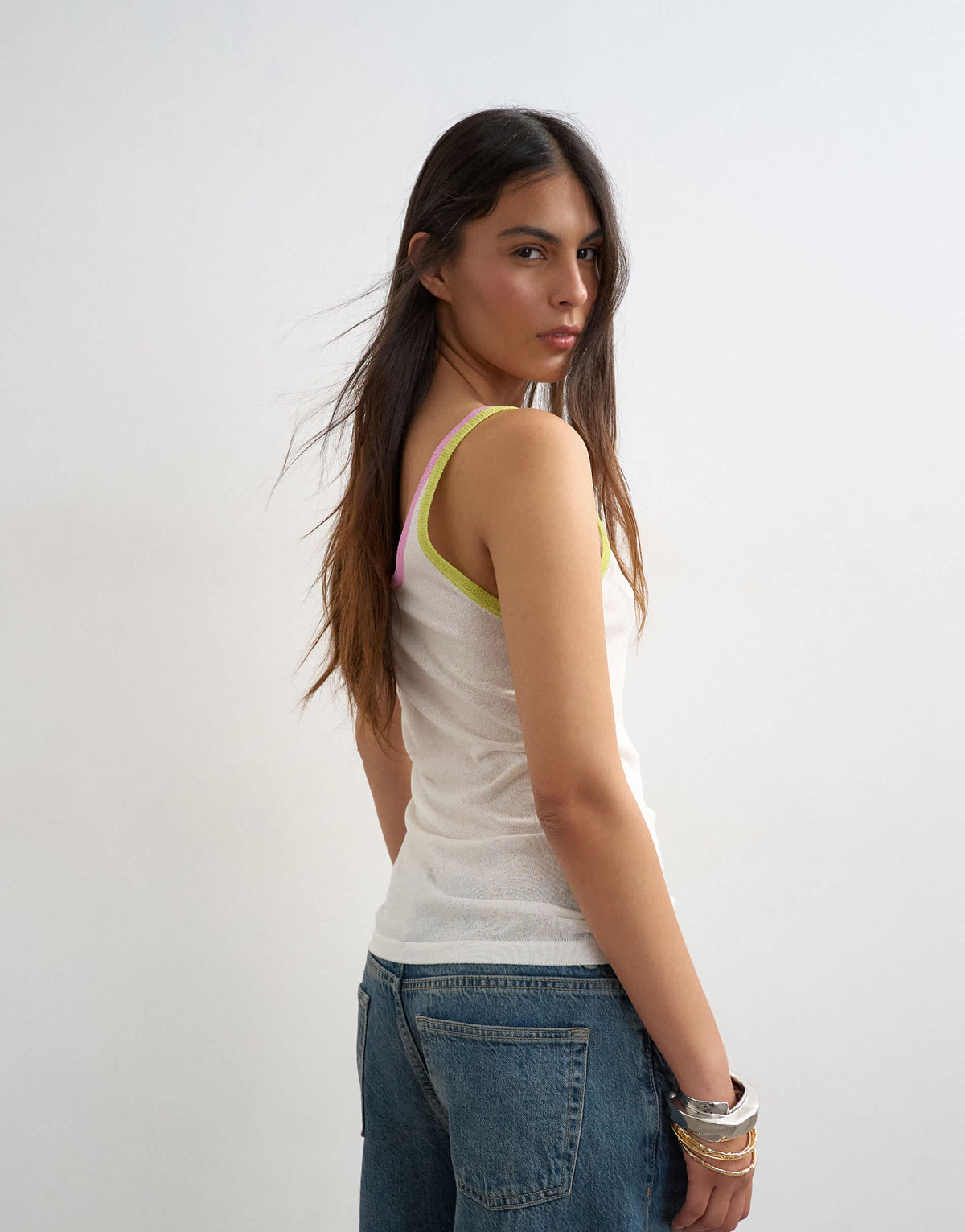 Topshop knitted contrast trim sheer vest top in white