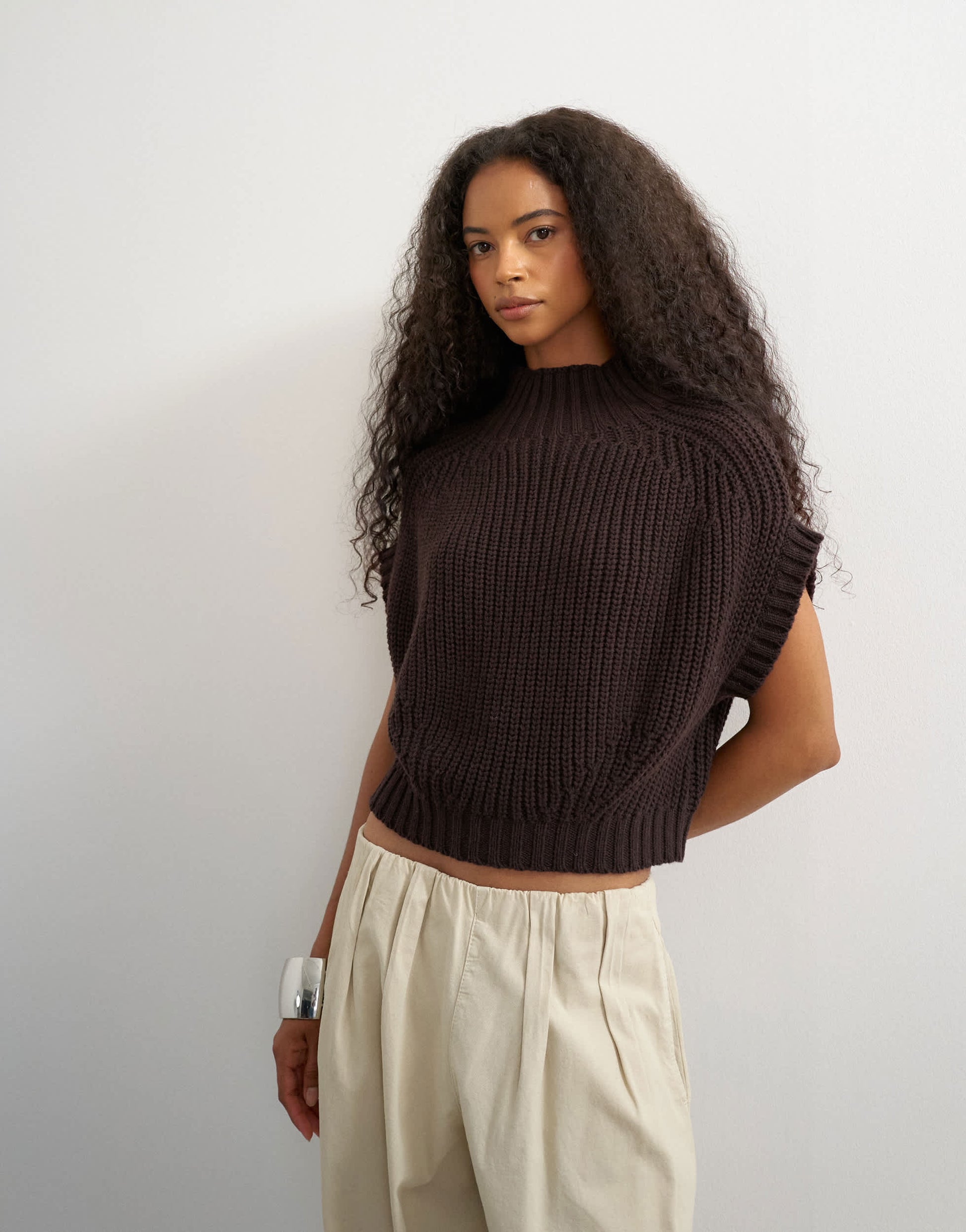 Topshop knitted slouchy short sleeve ribbed top with wool in tobacco