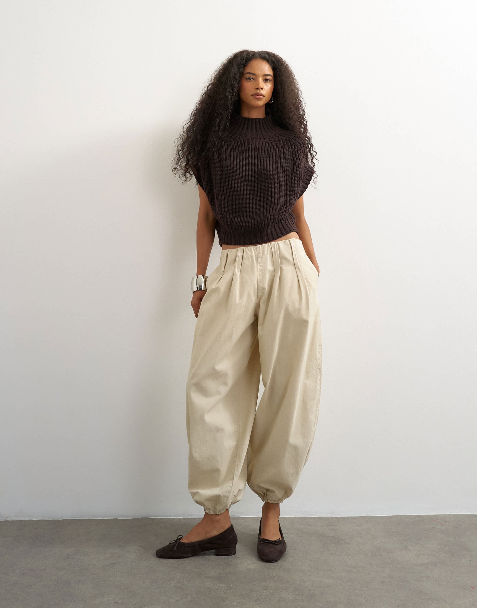Topshop knitted slouchy short sleeve ribbed top with wool in tobacco
