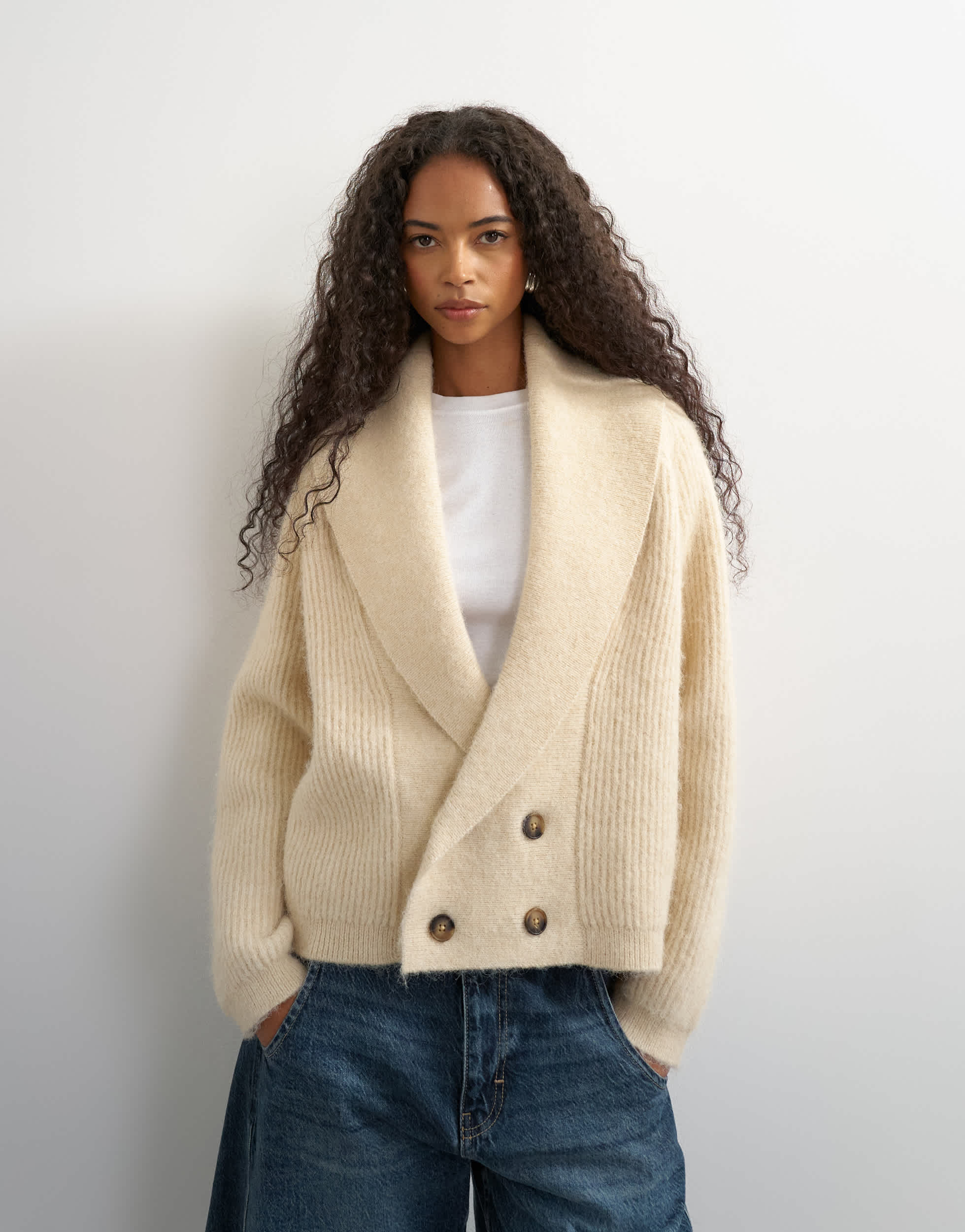 Topshop knitted slouchy button front shawl collared cardigan in latte