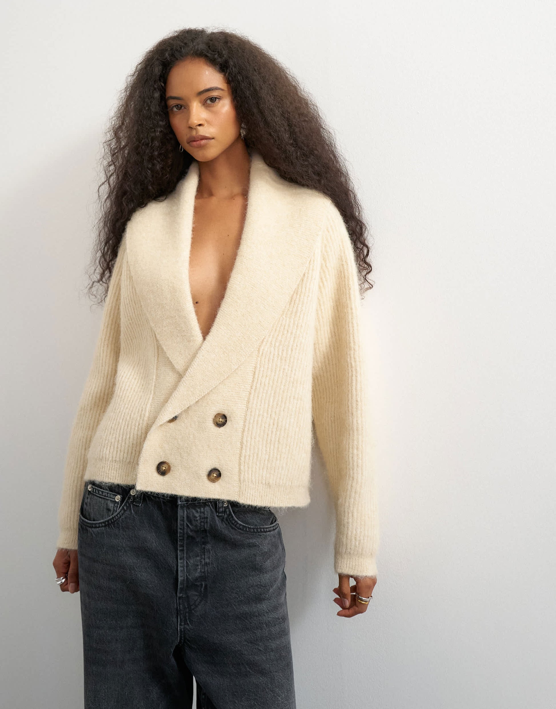 Topshop knitted slouchy button front shawl collared cardigan in latte