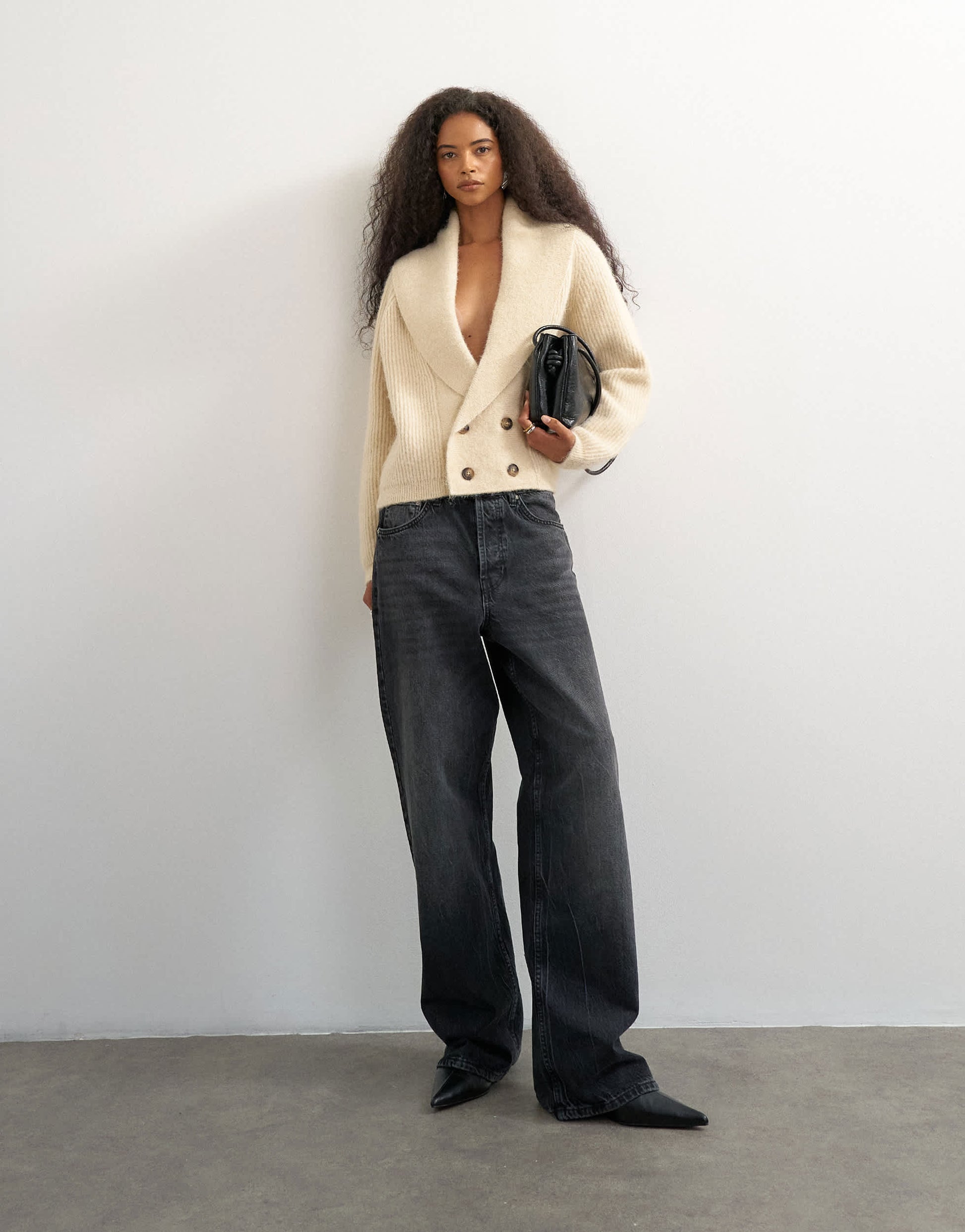 Topshop knitted slouchy button front shawl collared cardigan in latte