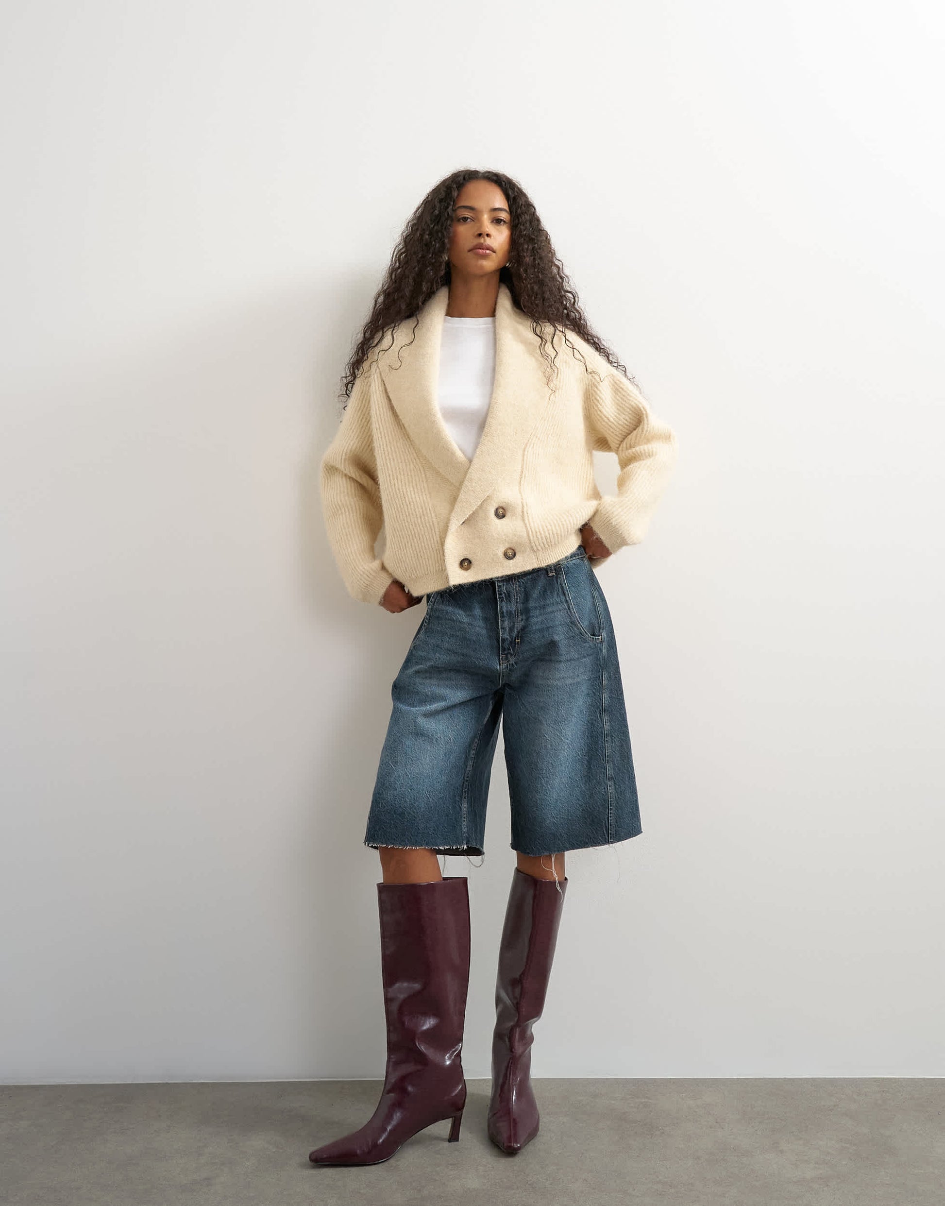 Topshop knitted slouchy button front shawl collared cardigan in latte