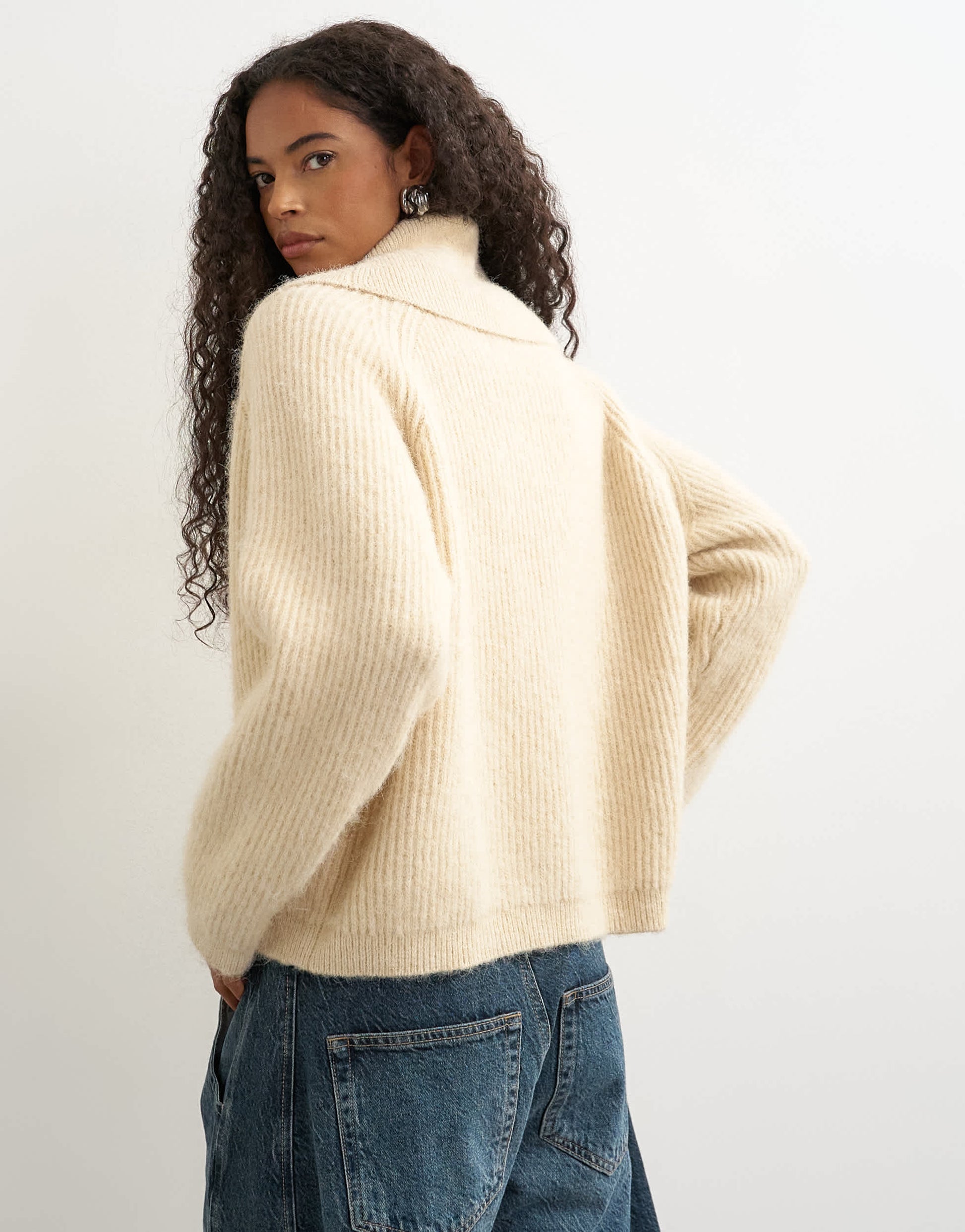 Topshop knitted slouchy button front shawl collared cardigan in latte
