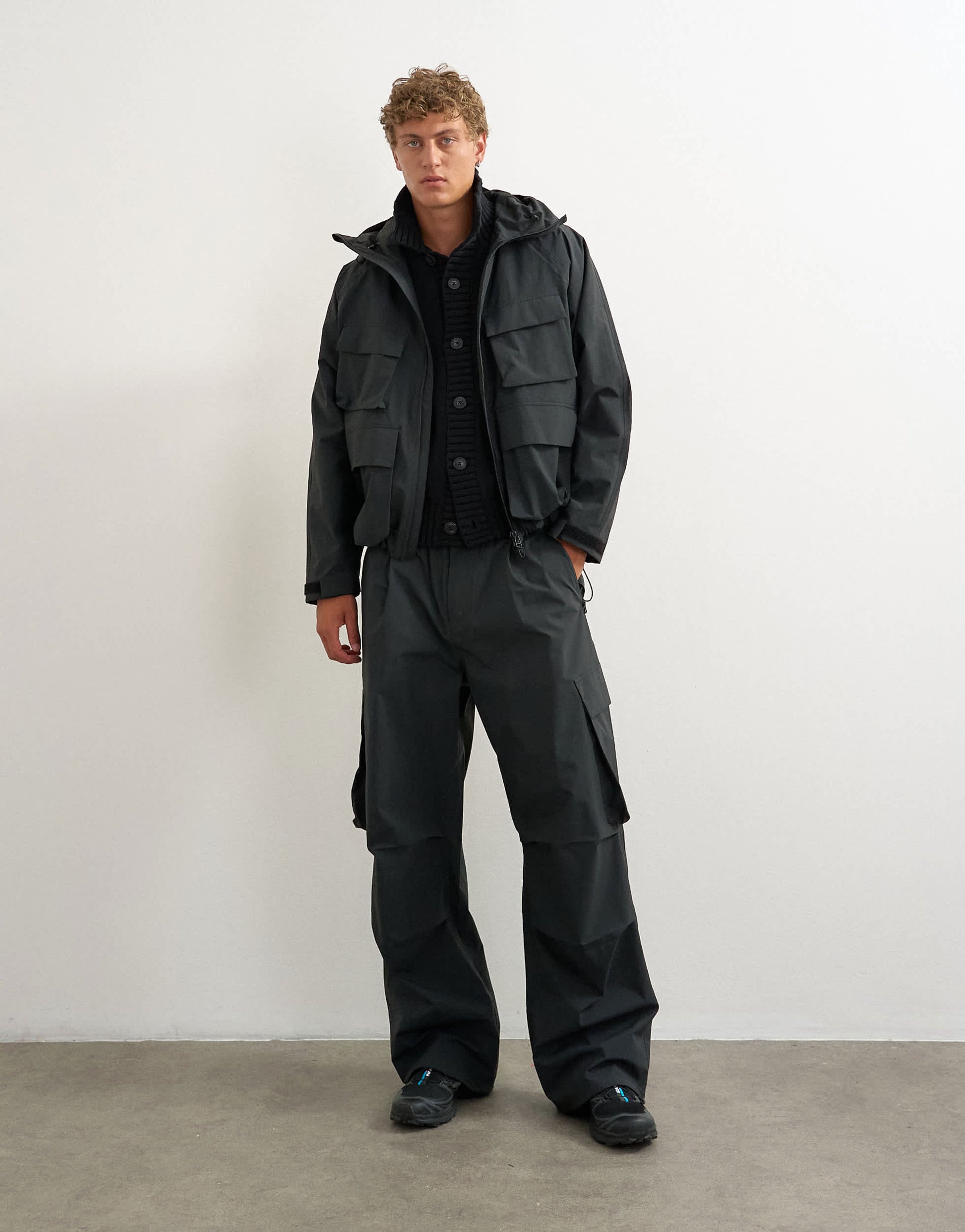 Topman baggy fit waterproof nylon utility trouser in black