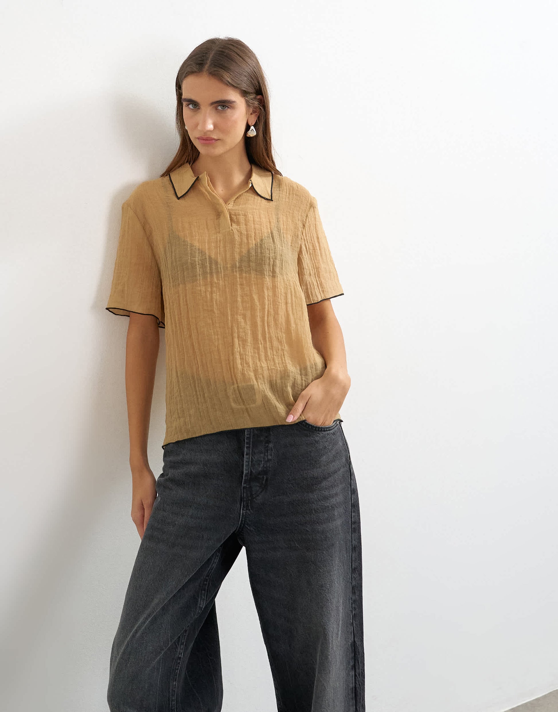 Topshop crinkle polo shirt with black tipping in mocha