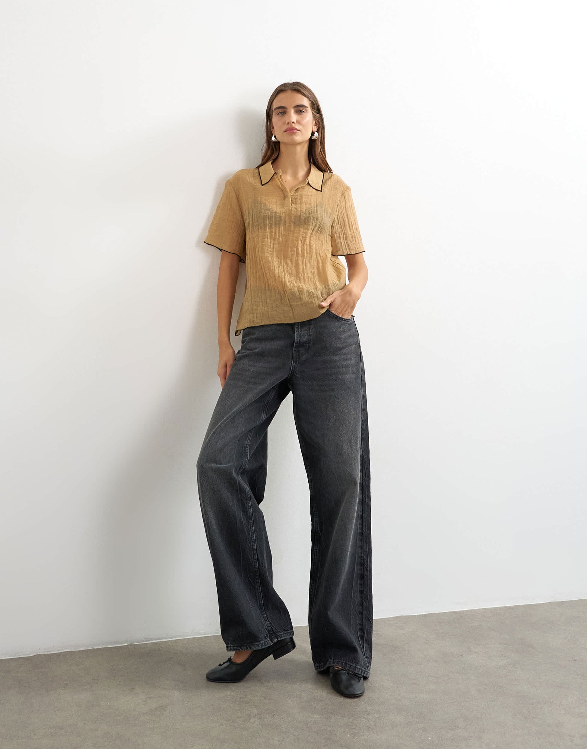 Topshop crinkle polo shirt with black tipping in mocha