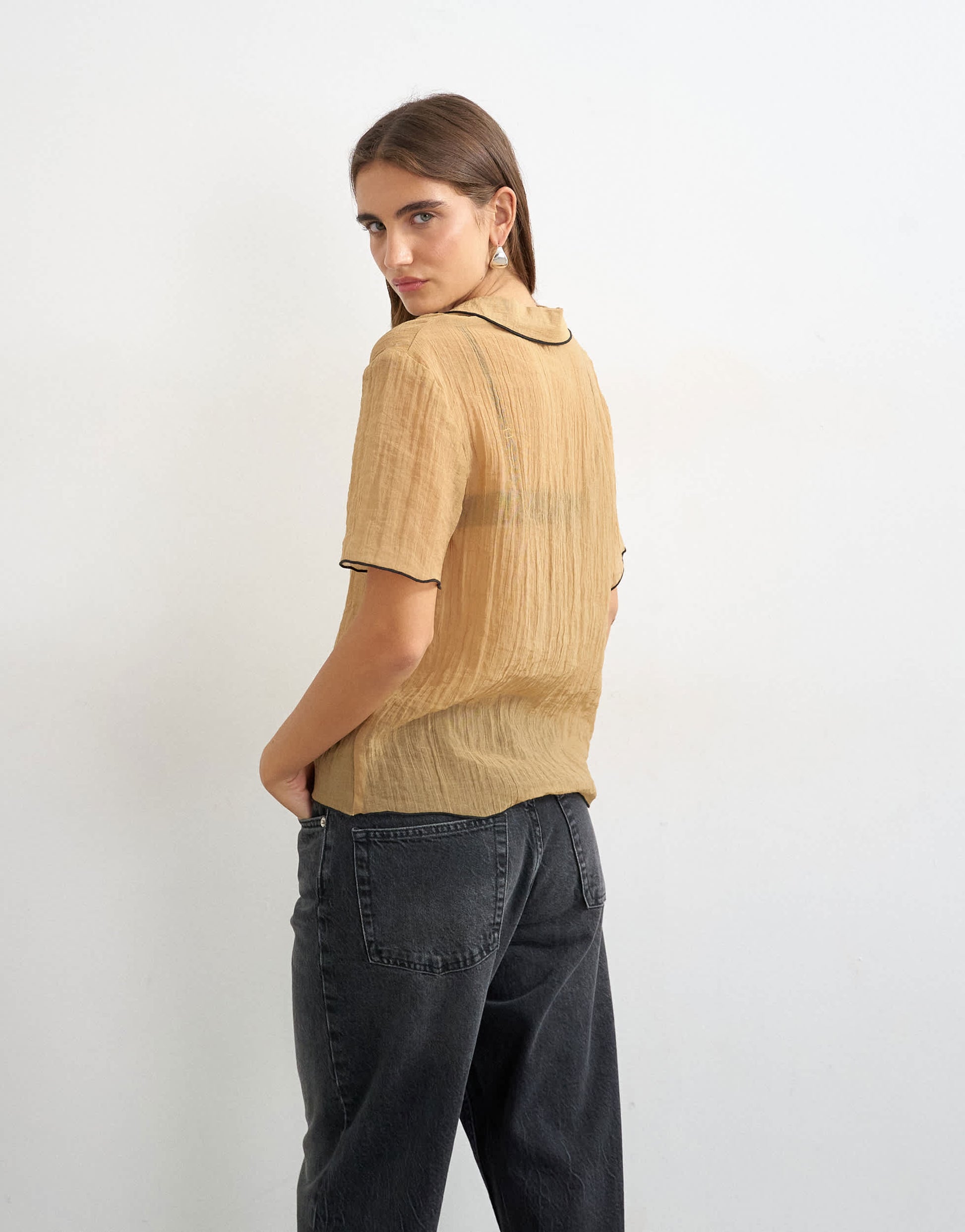 Topshop crinkle polo shirt with black tipping in mocha