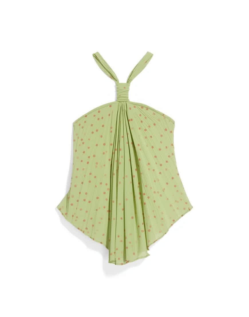 Topshop knot halter top with pleated fabric in green spot