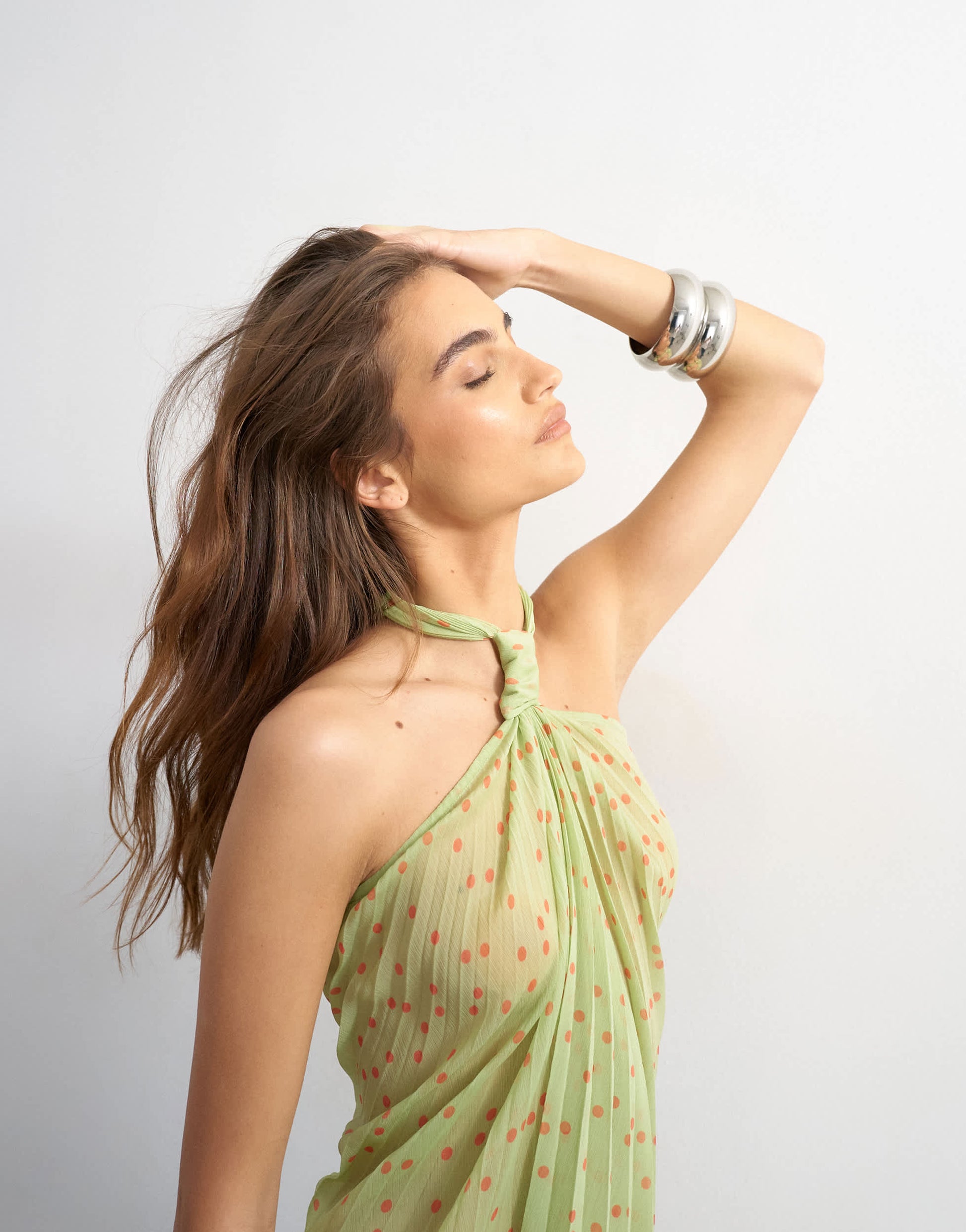 Topshop knot halter top with pleated fabric in green spot