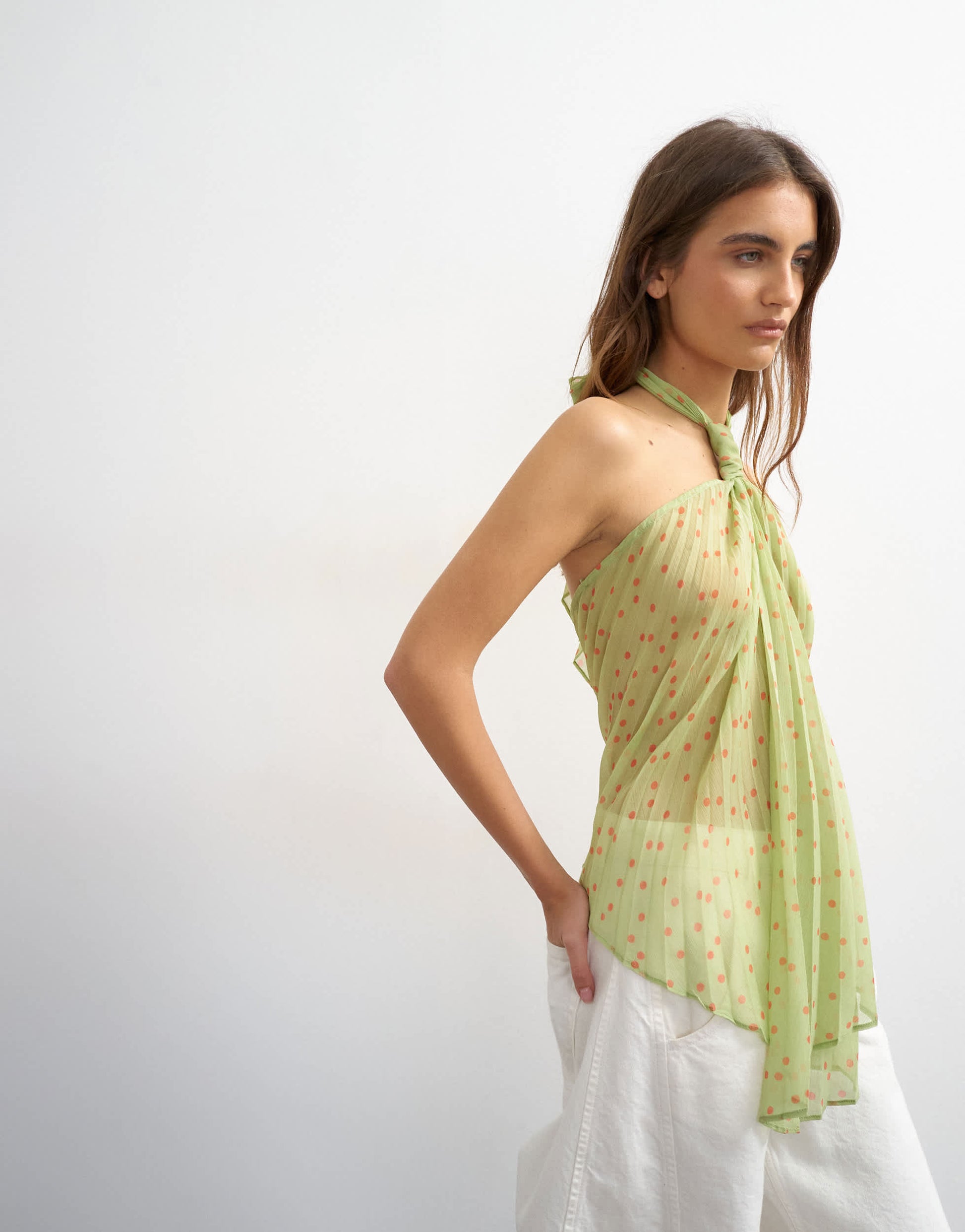 Topshop knot halter top with pleated fabric in green spot