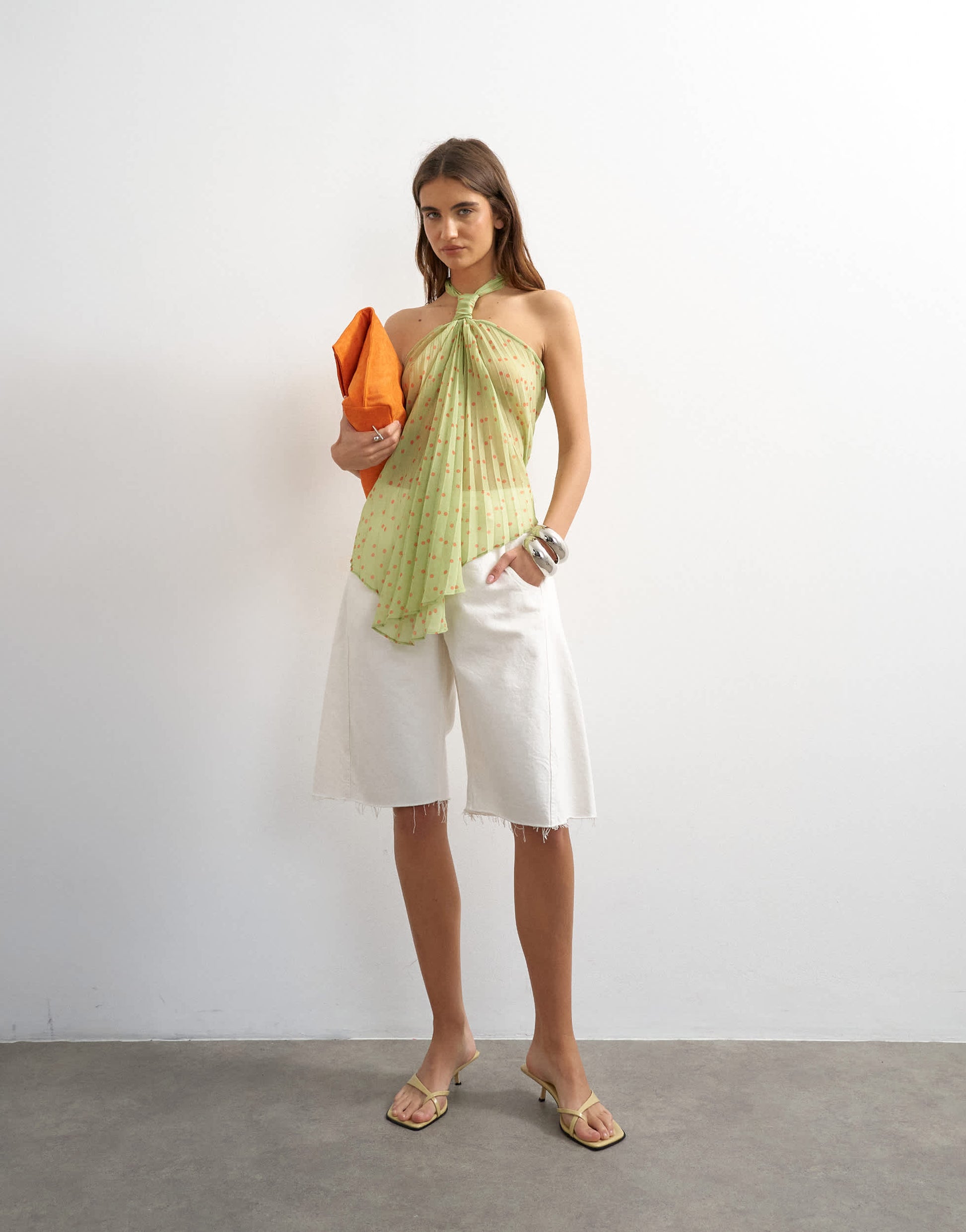 Topshop knot halter top with pleated fabric in green spot