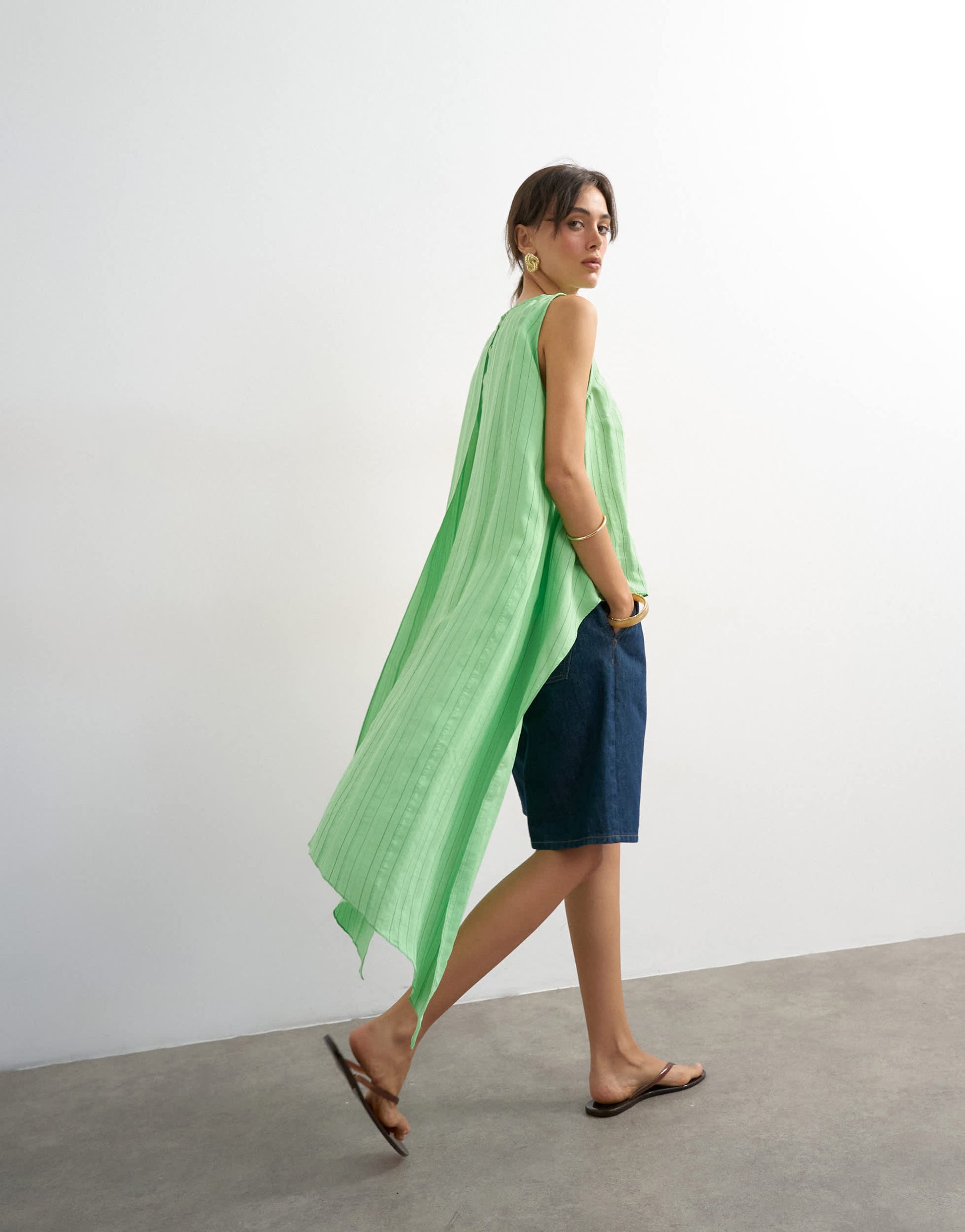 Topshop cape detail top in green pin stripe