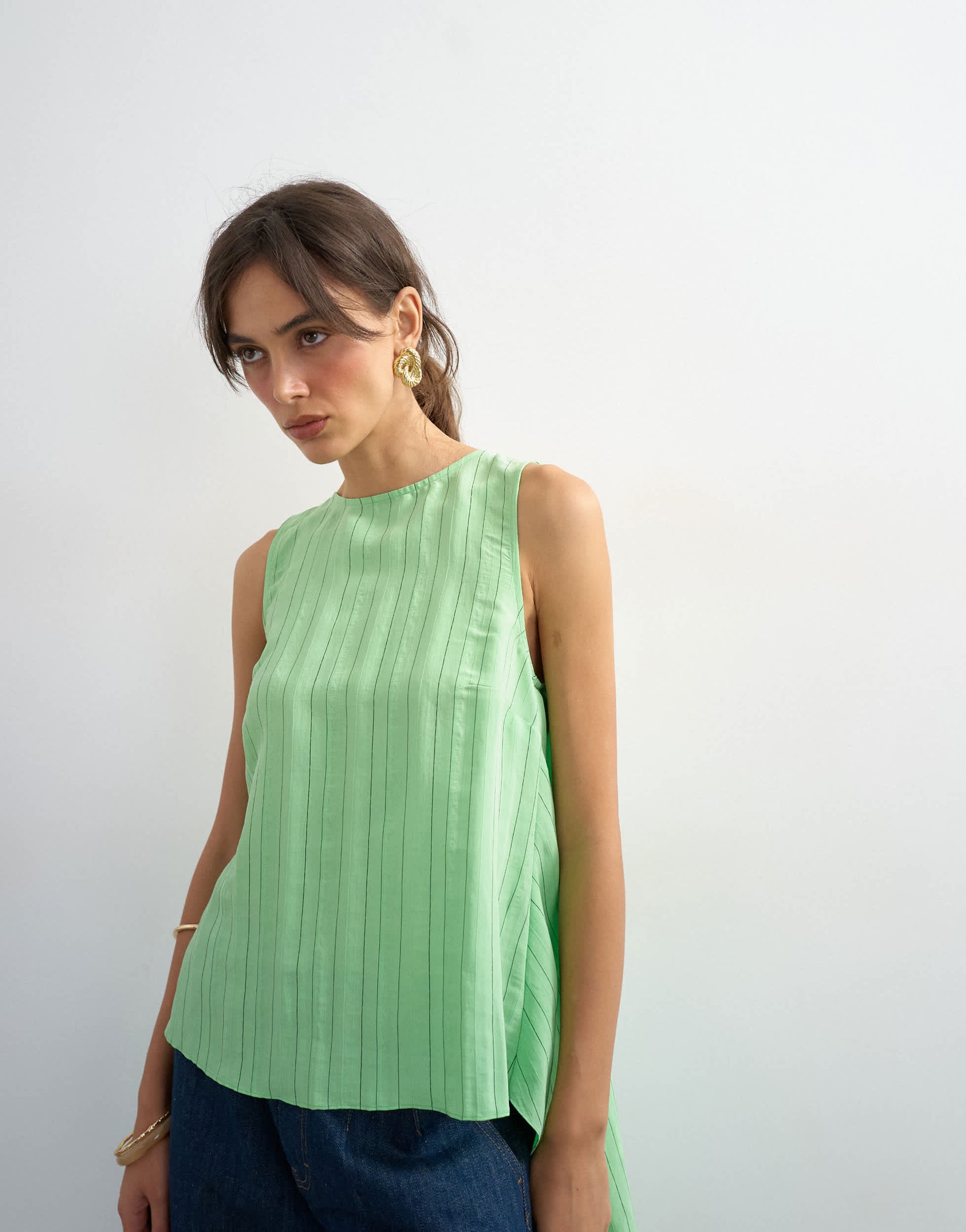 Topshop cape detail top in green pin stripe