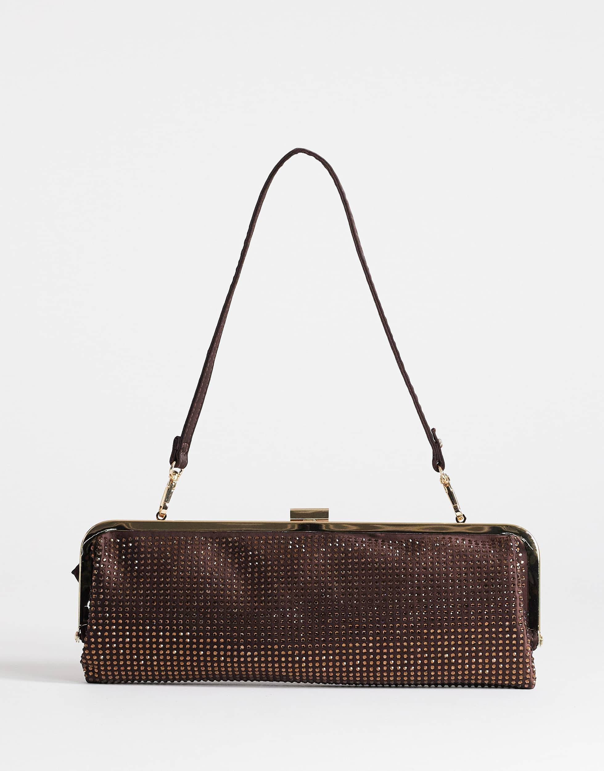 Topshop Poppy small rectangle clasp shoulder bag in chocolate diamante