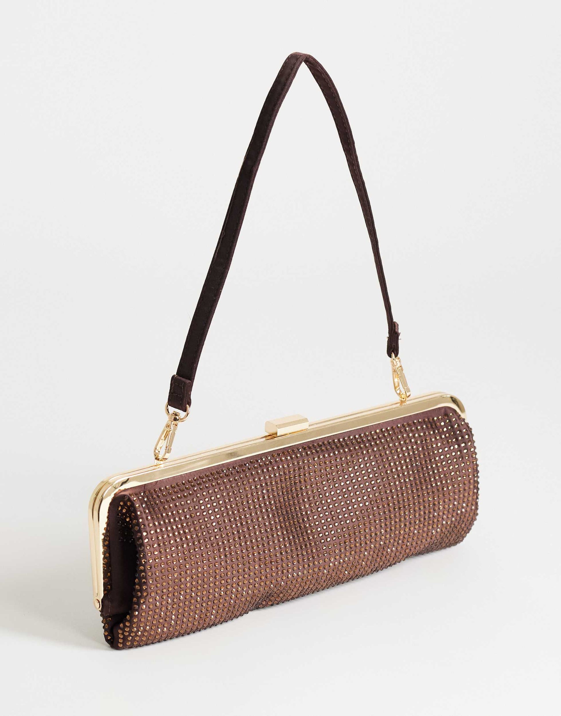 Topshop Poppy small rectangle clasp shoulder bag in chocolate diamante