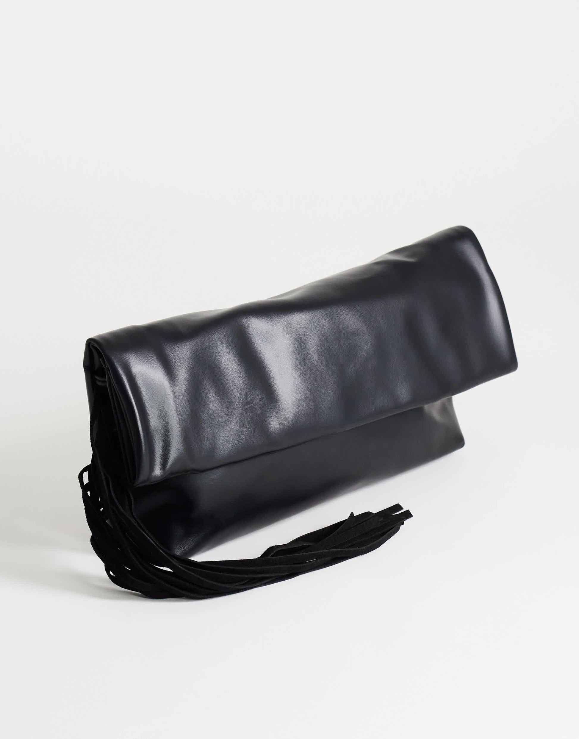 Topshop Pippa oversized fringe clutch bag in black