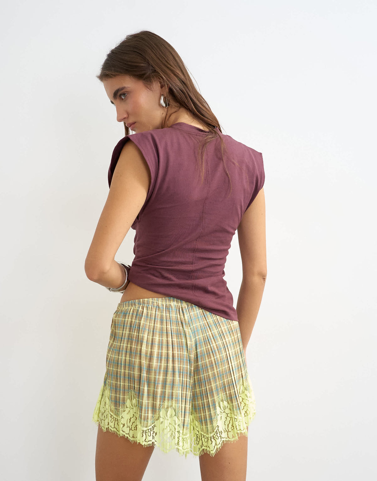 Topshop check print lace trim shorts in multi