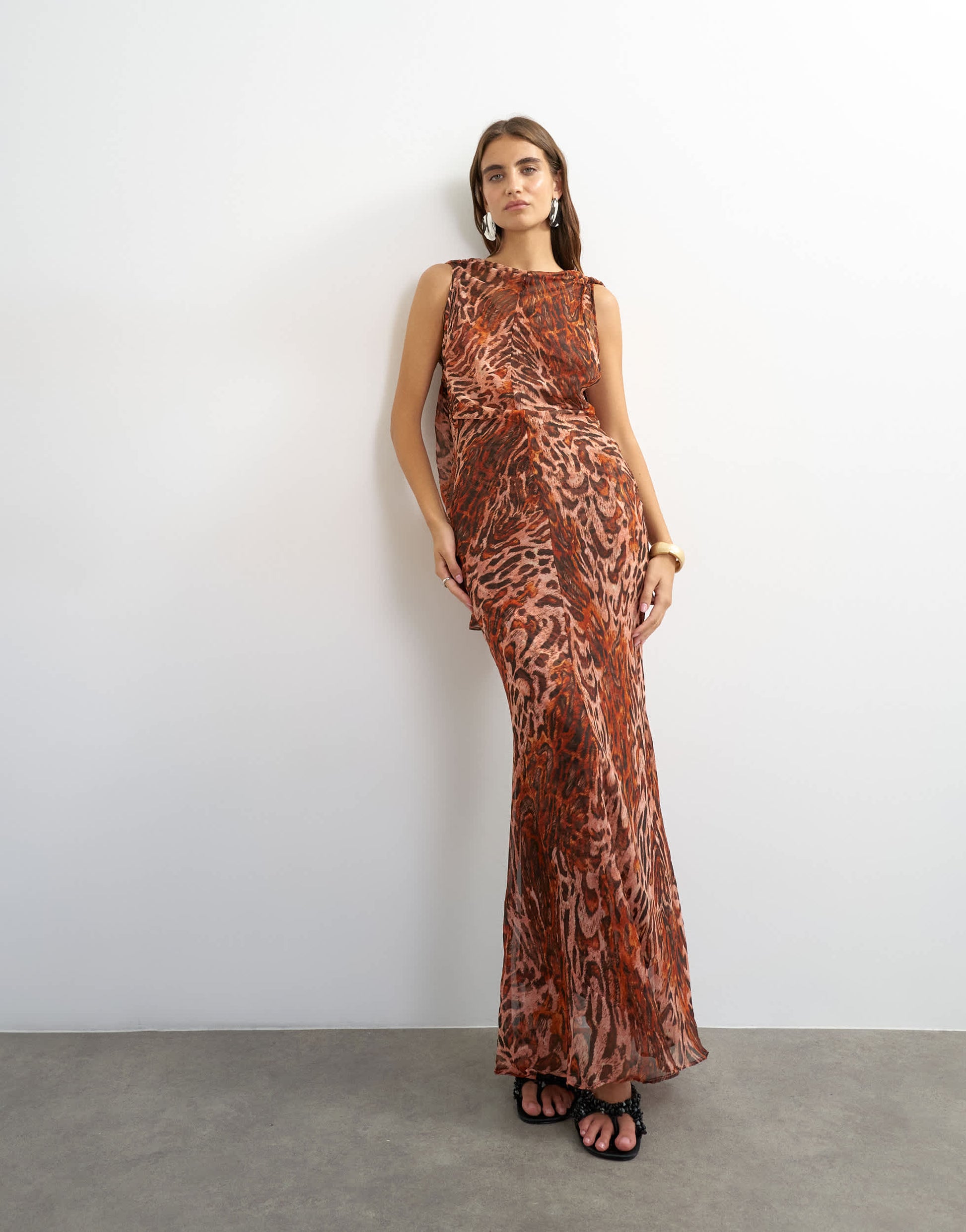 Topshop sheer open back maxi dress in dark pink animal print