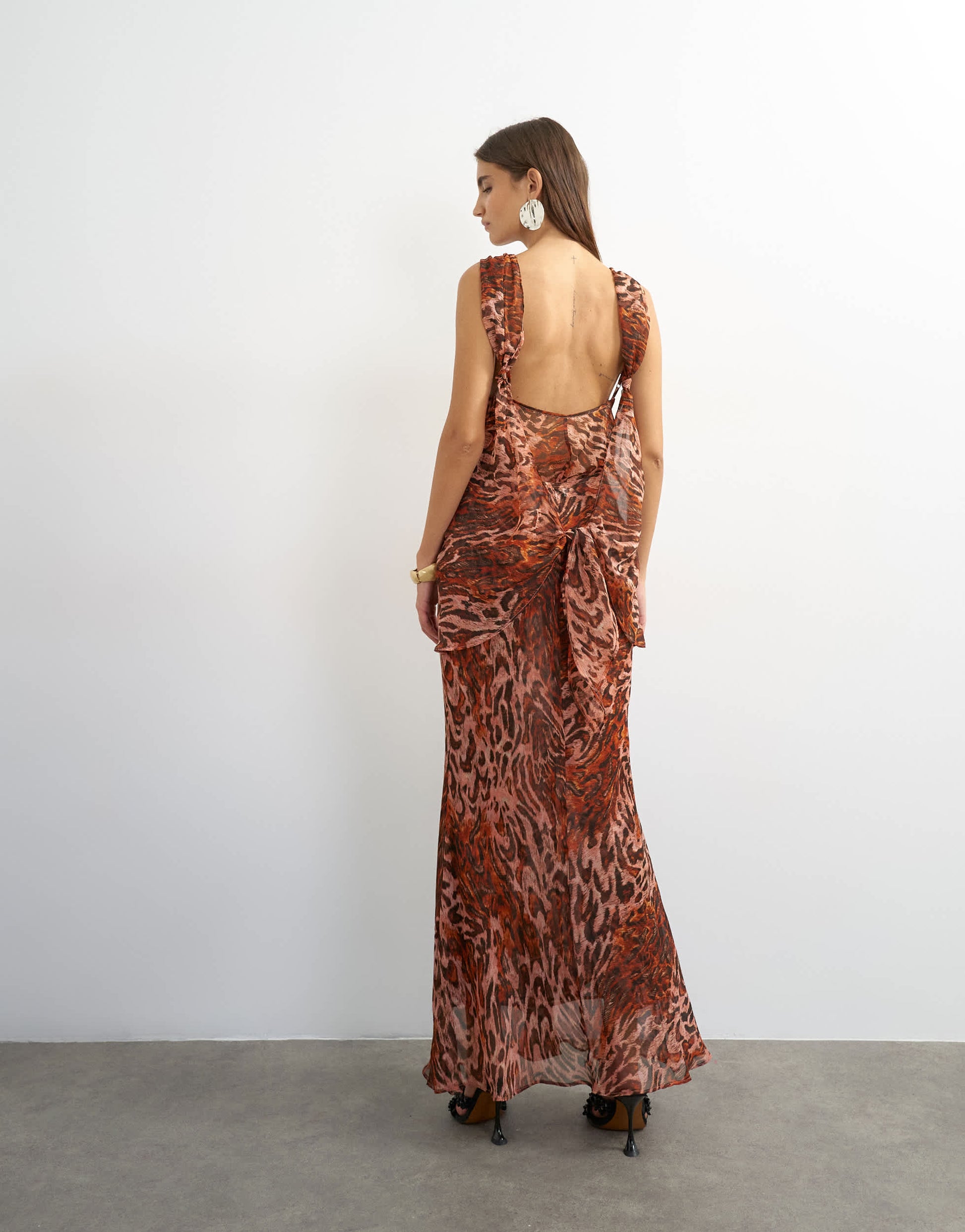 Topshop sheer open back maxi dress in dark pink animal print