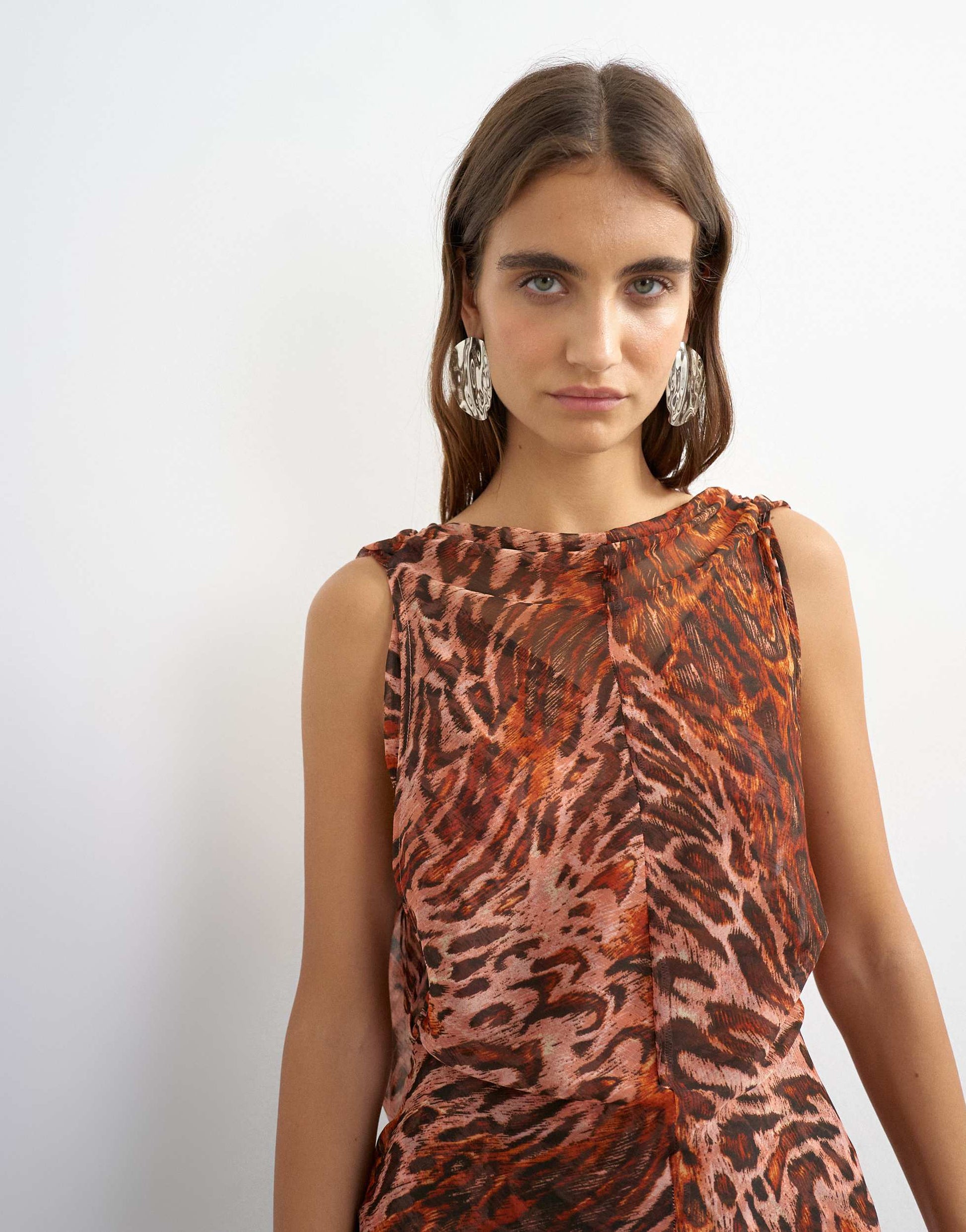 Topshop sheer open back maxi dress in dark pink animal print