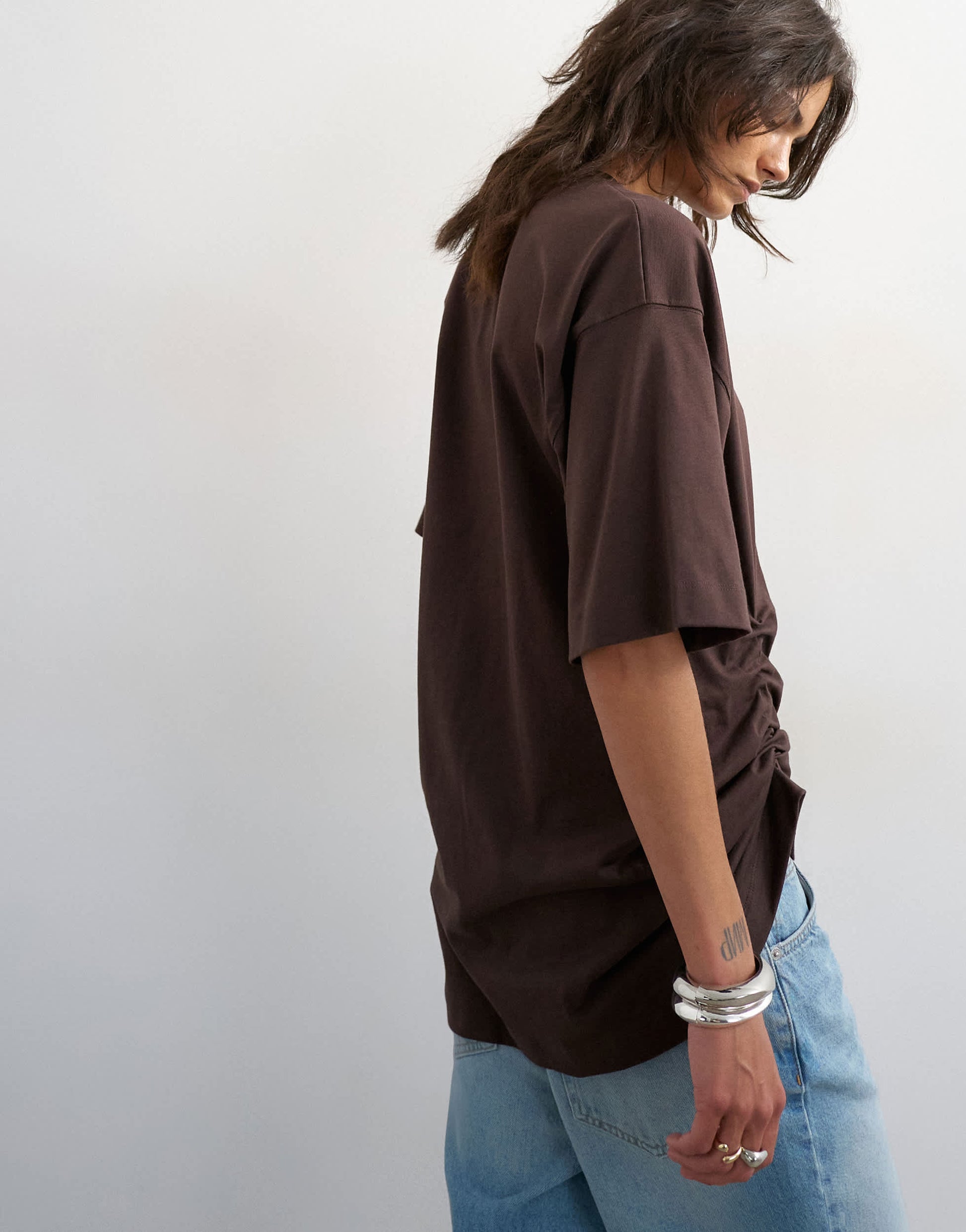 Topshop ruched side tee in chocolate