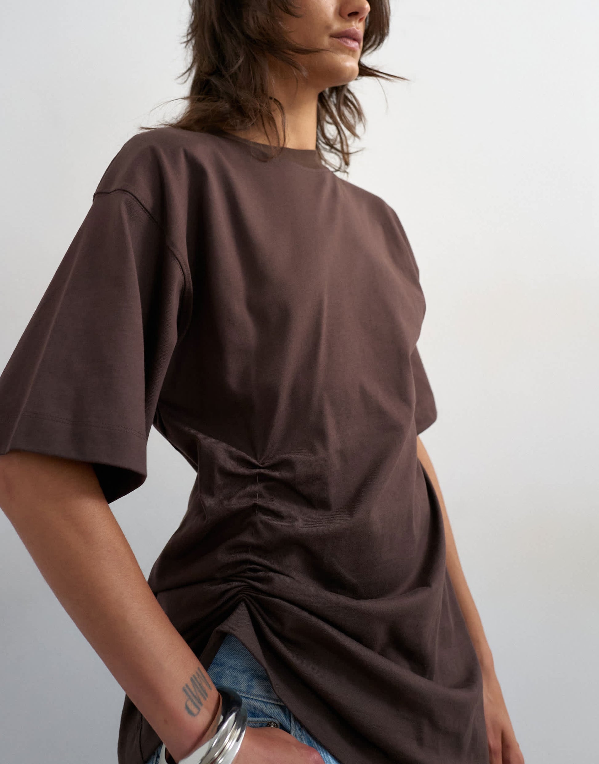 Topshop ruched side tee in chocolate
